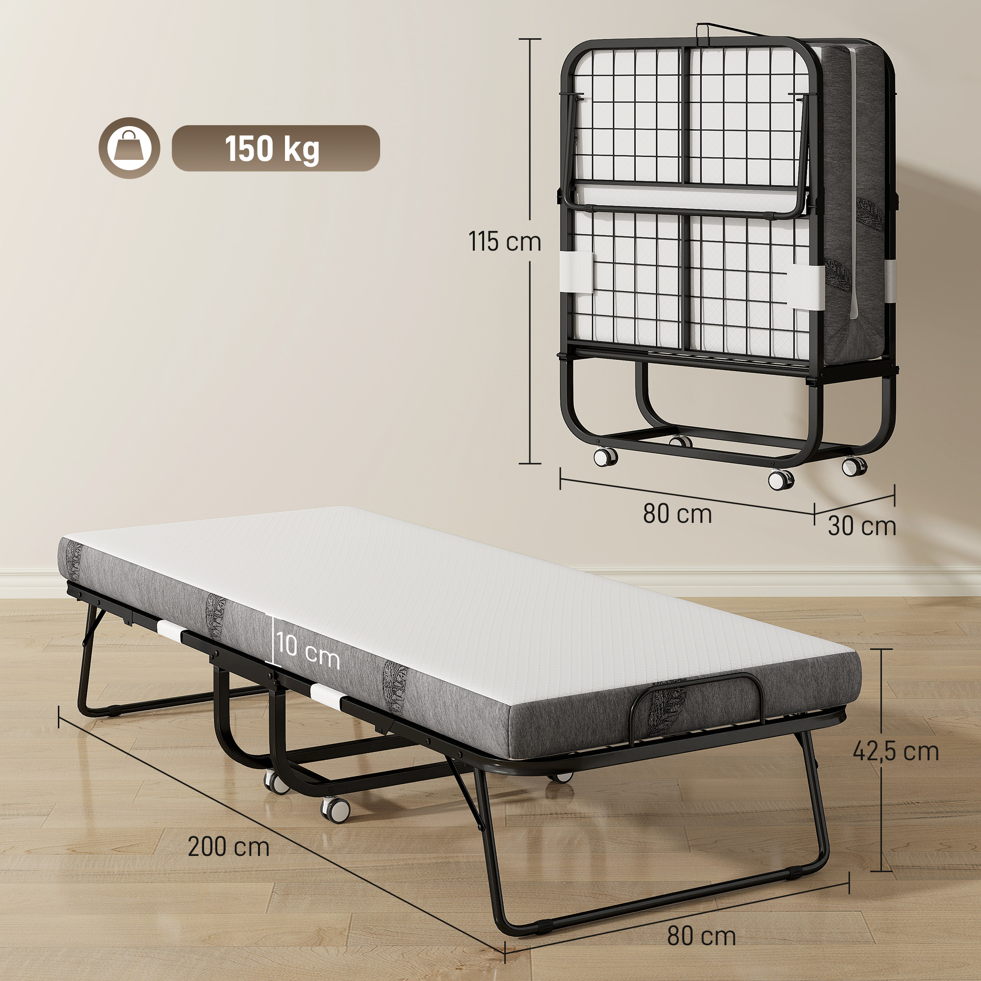 Cama plegable de metal para invitados con colchón y medidas.