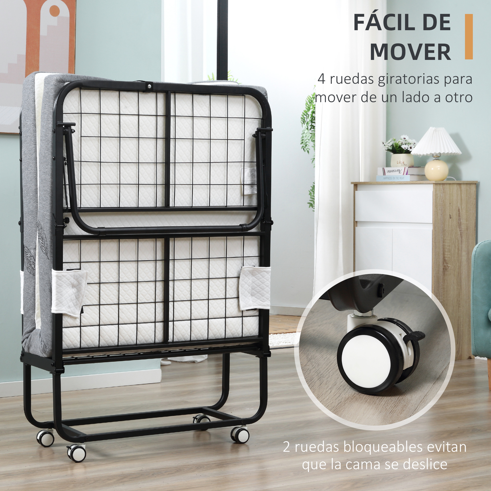 Cama plegable con estructura metálica negra y ruedas en una habitación, con un círculo que muestra una rueda bloqueable.