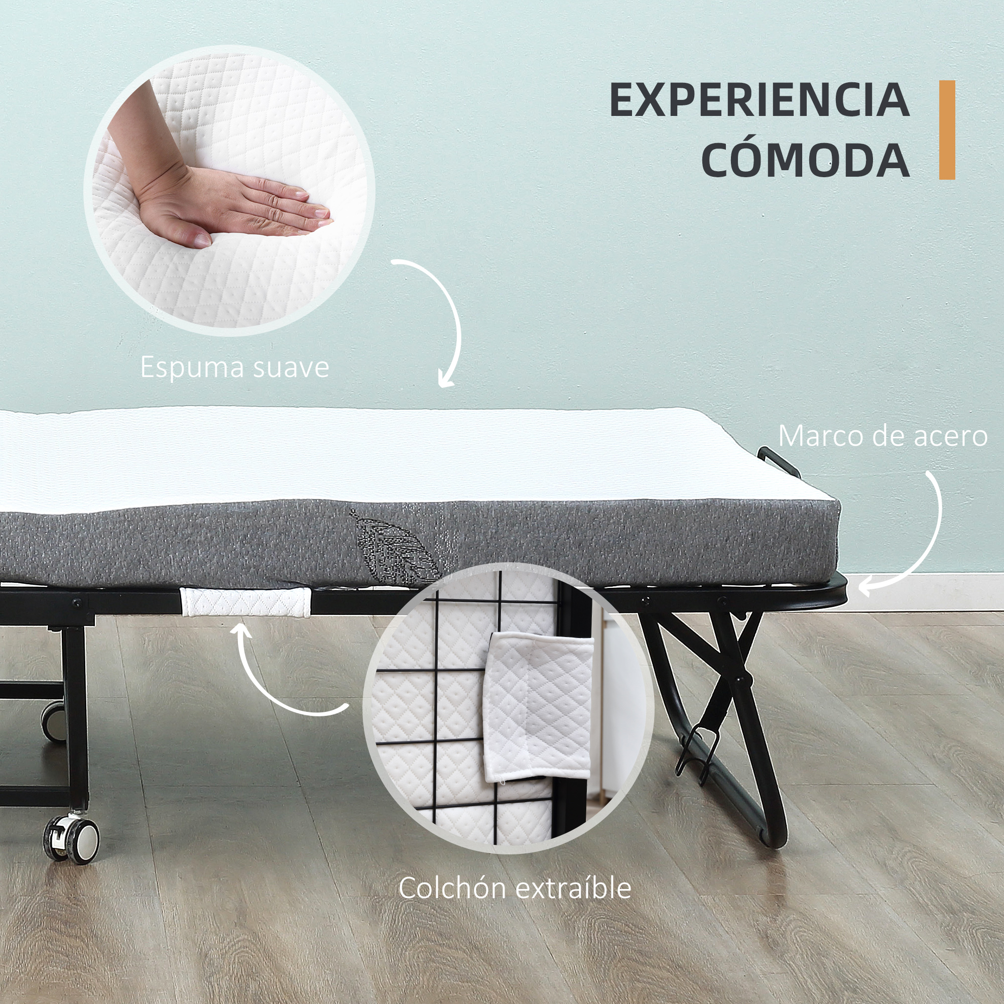 Cama plegable con marco de acero negro y colchón blanco, con primeros planos de espuma suave y colchón extraíble.