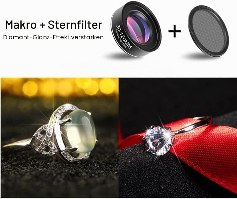 Makro- und Sternfilter-Objektiv mit Beispielfotos von funkelnden Ringen.