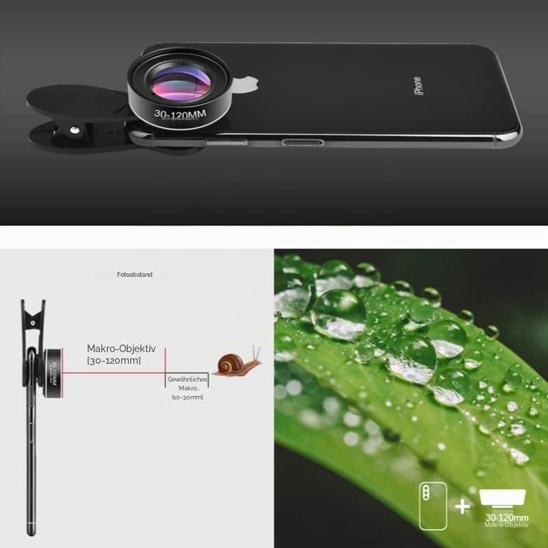 Smartphone mit angebrachtem Makro-Objektiv und ein Bild von Wassertropfen auf einem grünen Blatt.