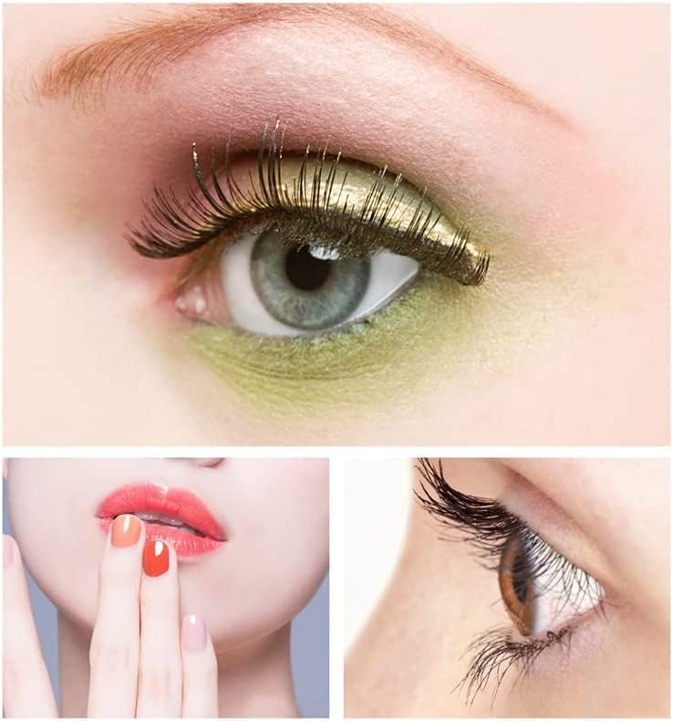 Nahaufnahme von Make-up, Lippen mit rot-orangem Nagellack und Wimpern.