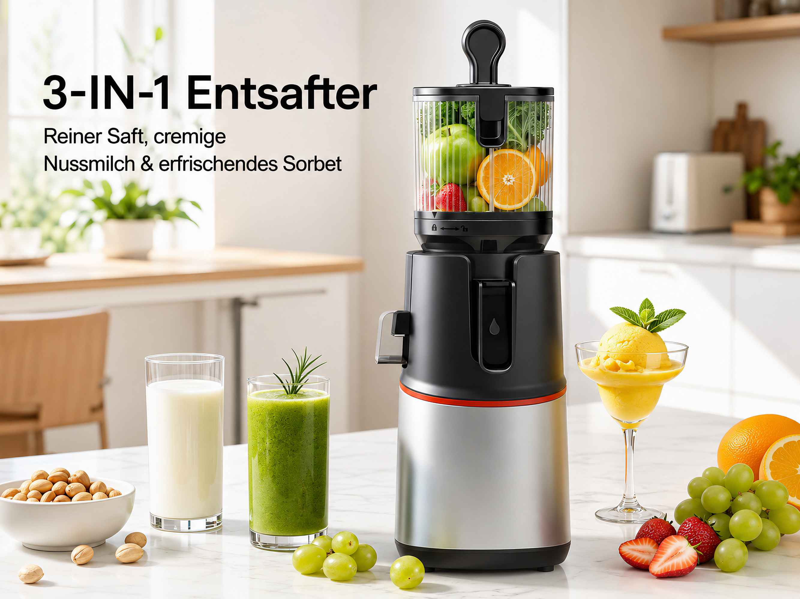 Ein 3-in-1-Entsafter steht auf einer Küchentheke mit frischen Früchten, Nüssen und Getränken.