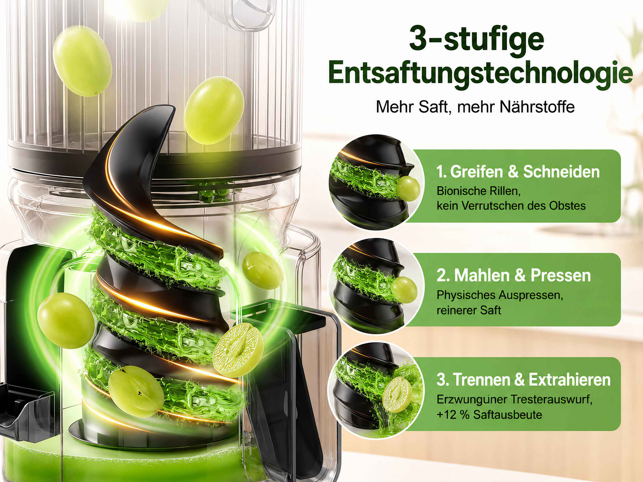 Ein Entsafter mit 3-Stufen-Technologie verarbeitet Trauben, dargestellt mit drei erklärenden Feldern.