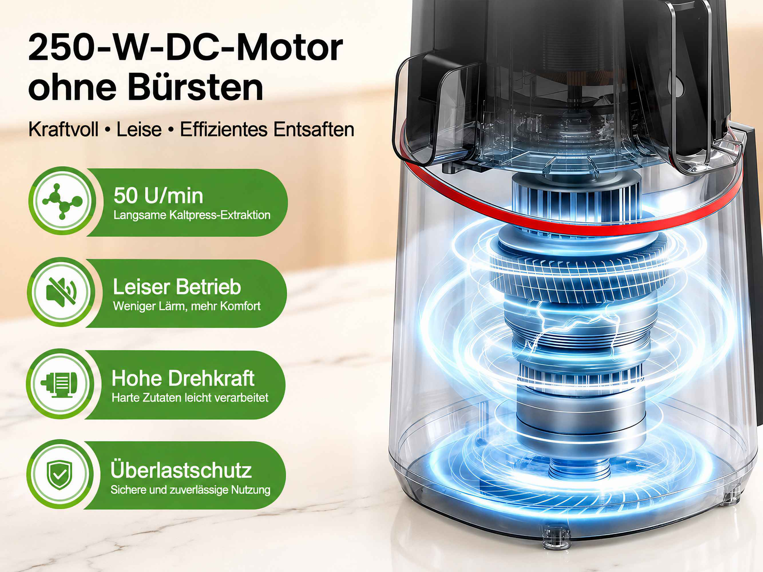 Diagramm eines leisen 250W-DC-Motors mit Kaltpress-Extraktion für effizientes Entsaften.