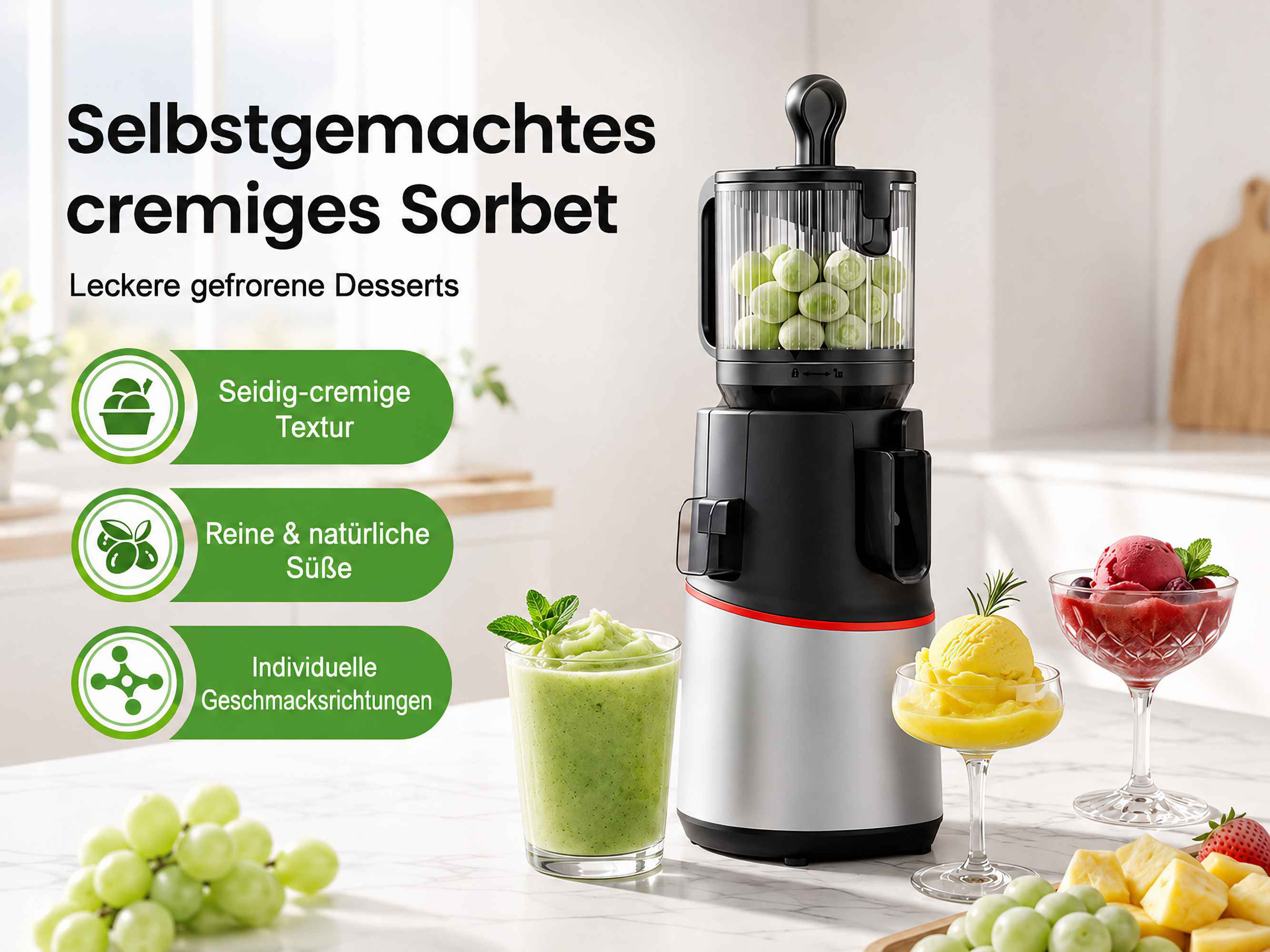 Sorbet-Bereiter auf weißem Tisch mit grünen Früchten und gefrorenen Desserts.