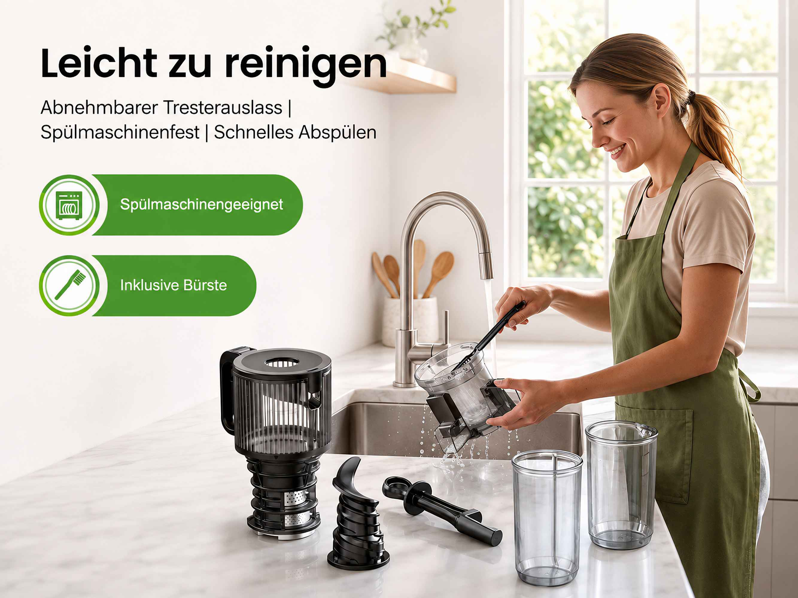 Eine lächelnde Frau wäscht Entsafterteile in einer Spüle neben zerlegten Entsafterkomponenten.