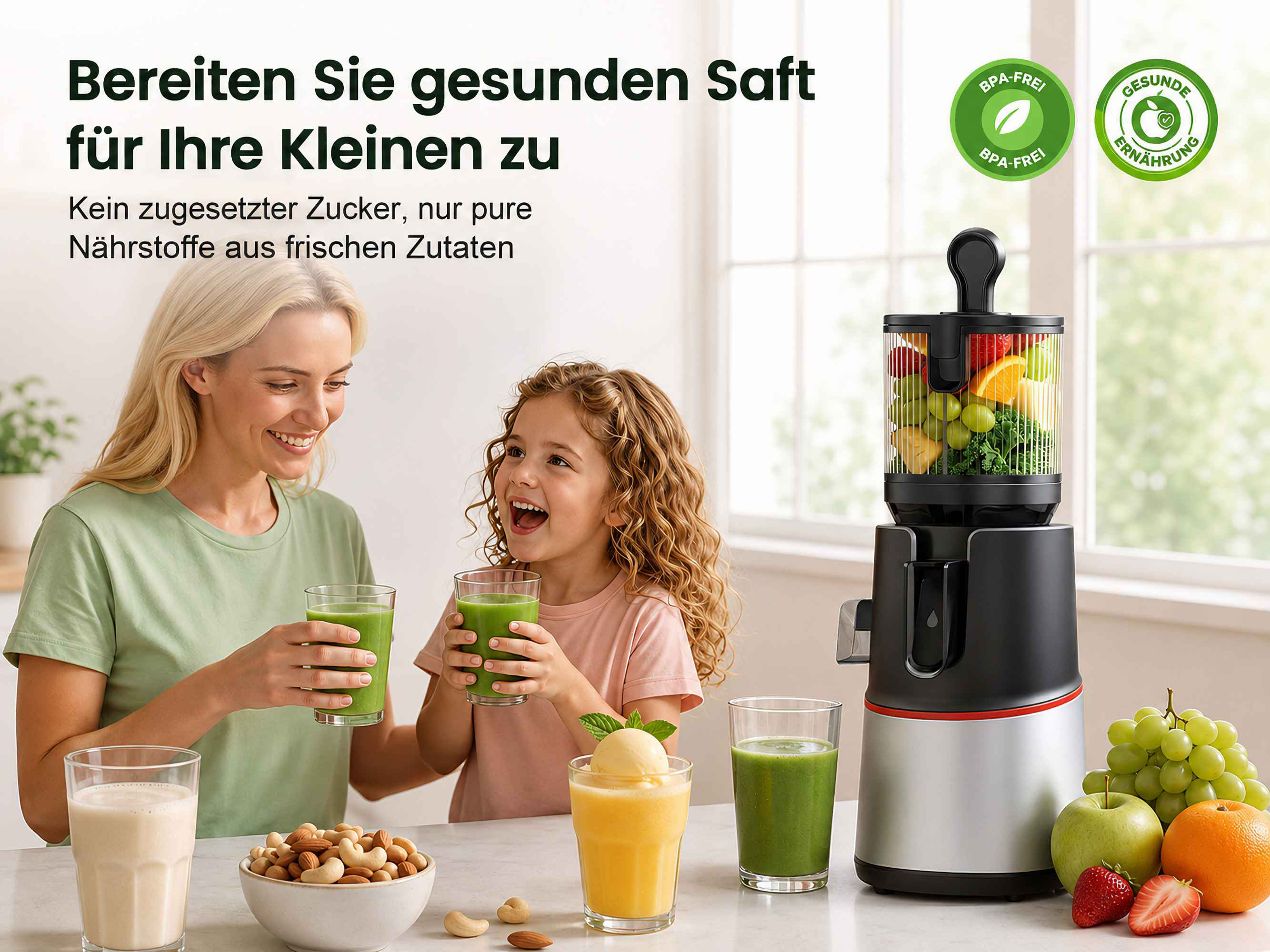 Mutter und Tochter lächeln, während sie grüne Smoothies neben einem Entsafter und frischem Obst trinken.