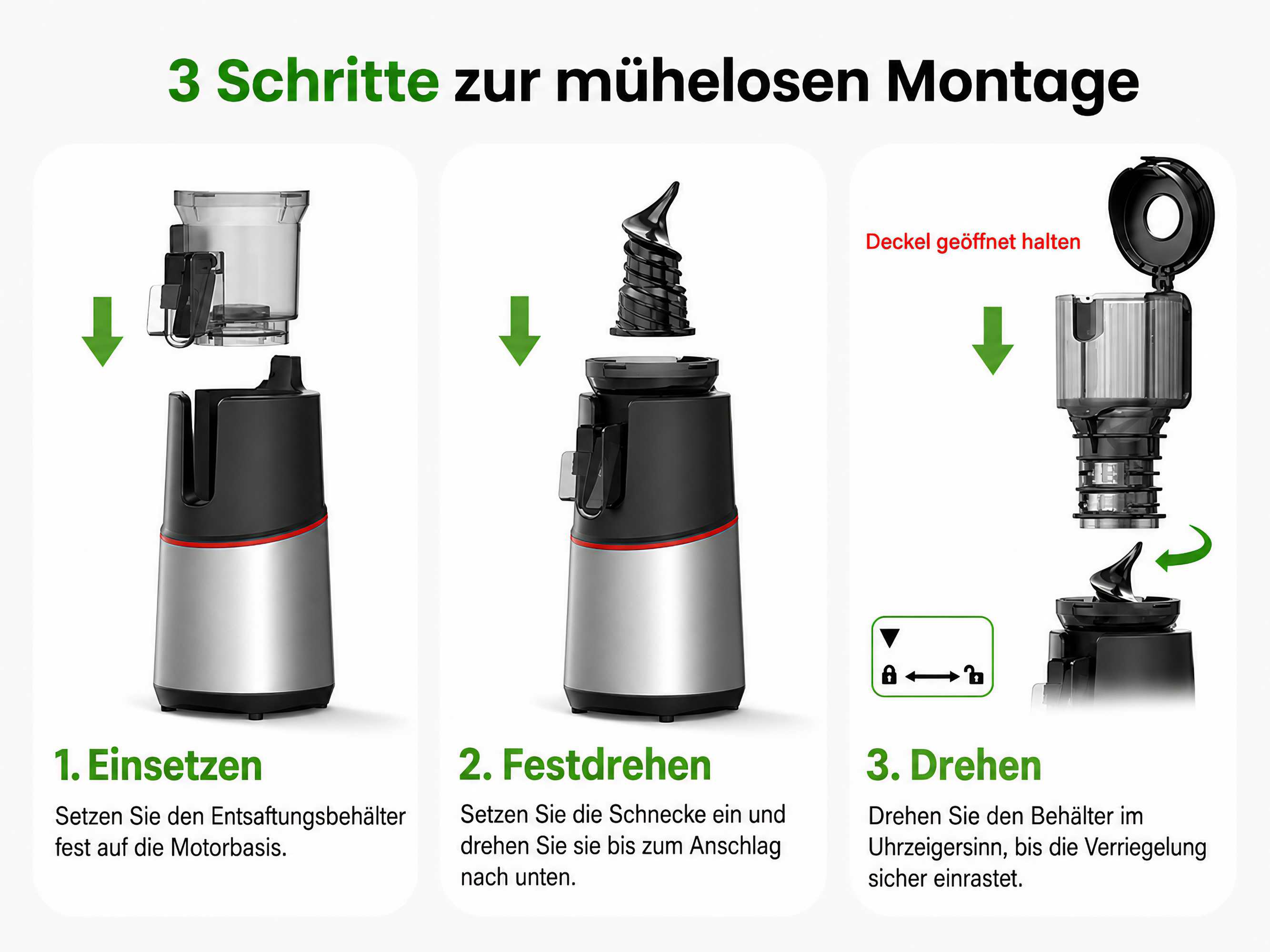 Drei Schritte zur Montage eines Entsafters: Behälter einsetzen, Schnecke eindrehen und im Uhrzeigersinn verriegeln.
