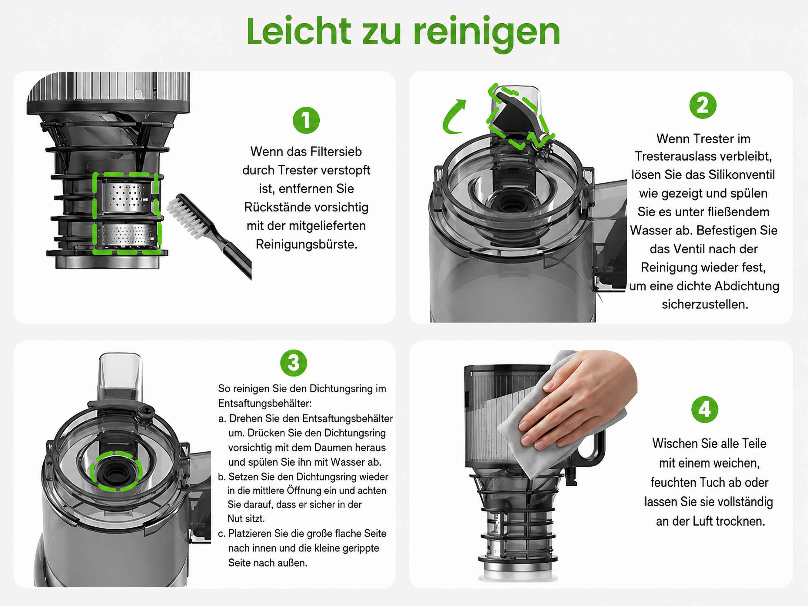 Vierteilige Anleitung zur Reinigung eines Entsafters mit deutschem Text.