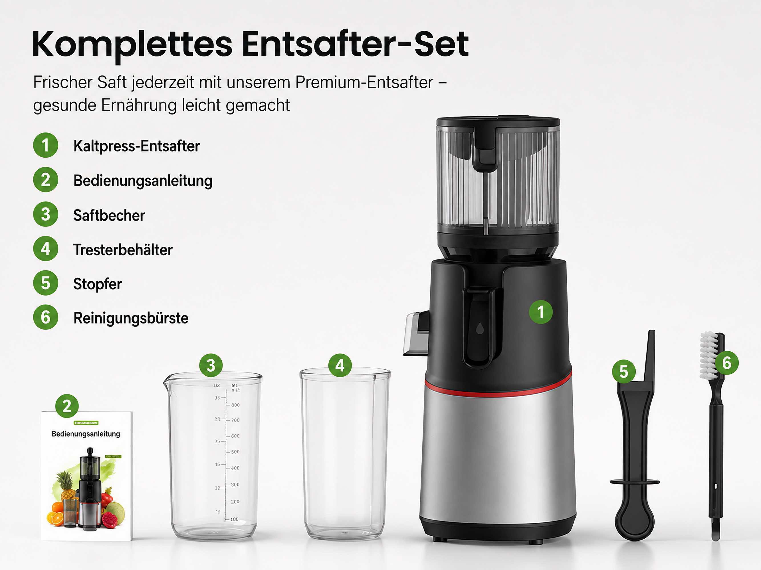 Komplettes Entsafter-Set mit nummerierten Zubehörteilen wie Saftbecher, Bürste und Bedienungsanleitung.