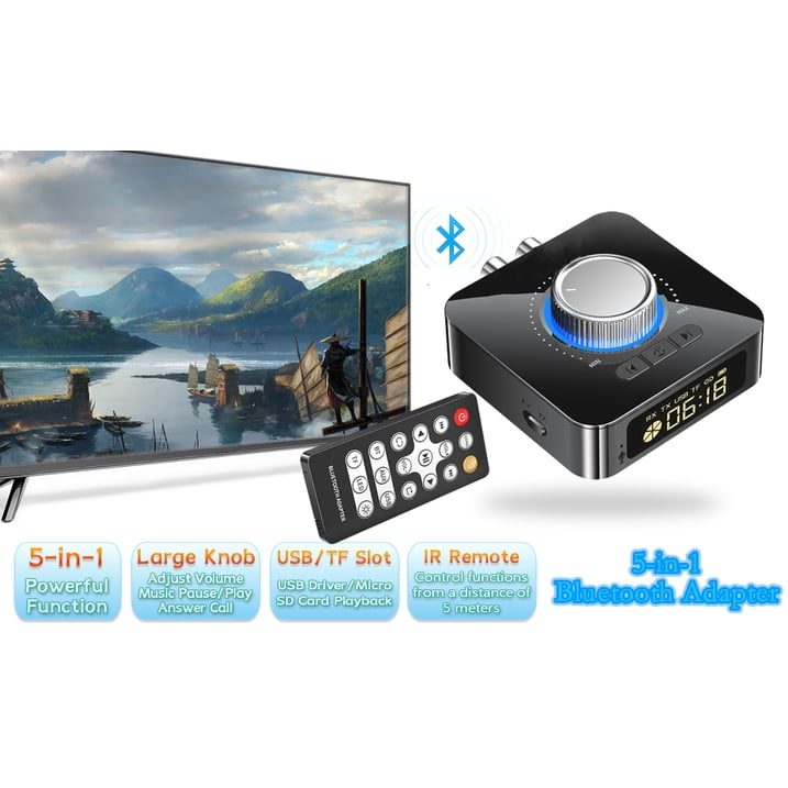 Ein schwarzer 5-in-1-Bluetooth-Adapter mit Drehknopf, Fernbedienung und Display vor einem Fernseher.