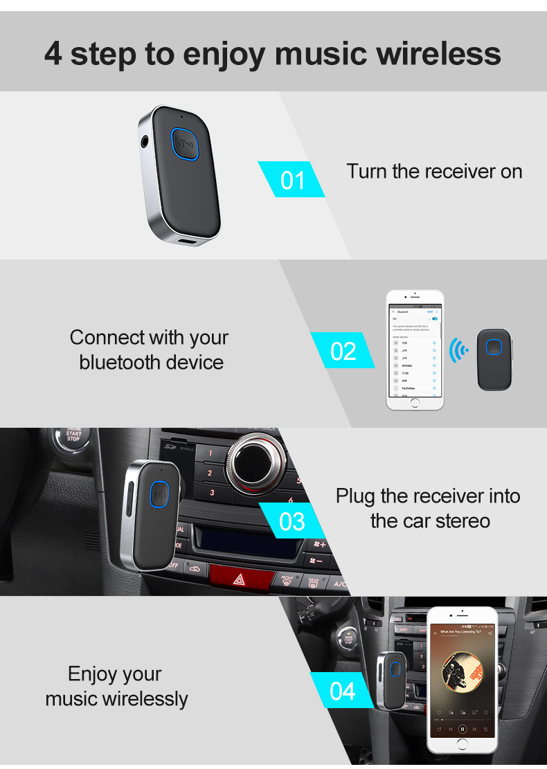 Vier Schritte zur kabellosen Musikwiedergabe mit einem Bluetooth-Empfaenger im Auto.