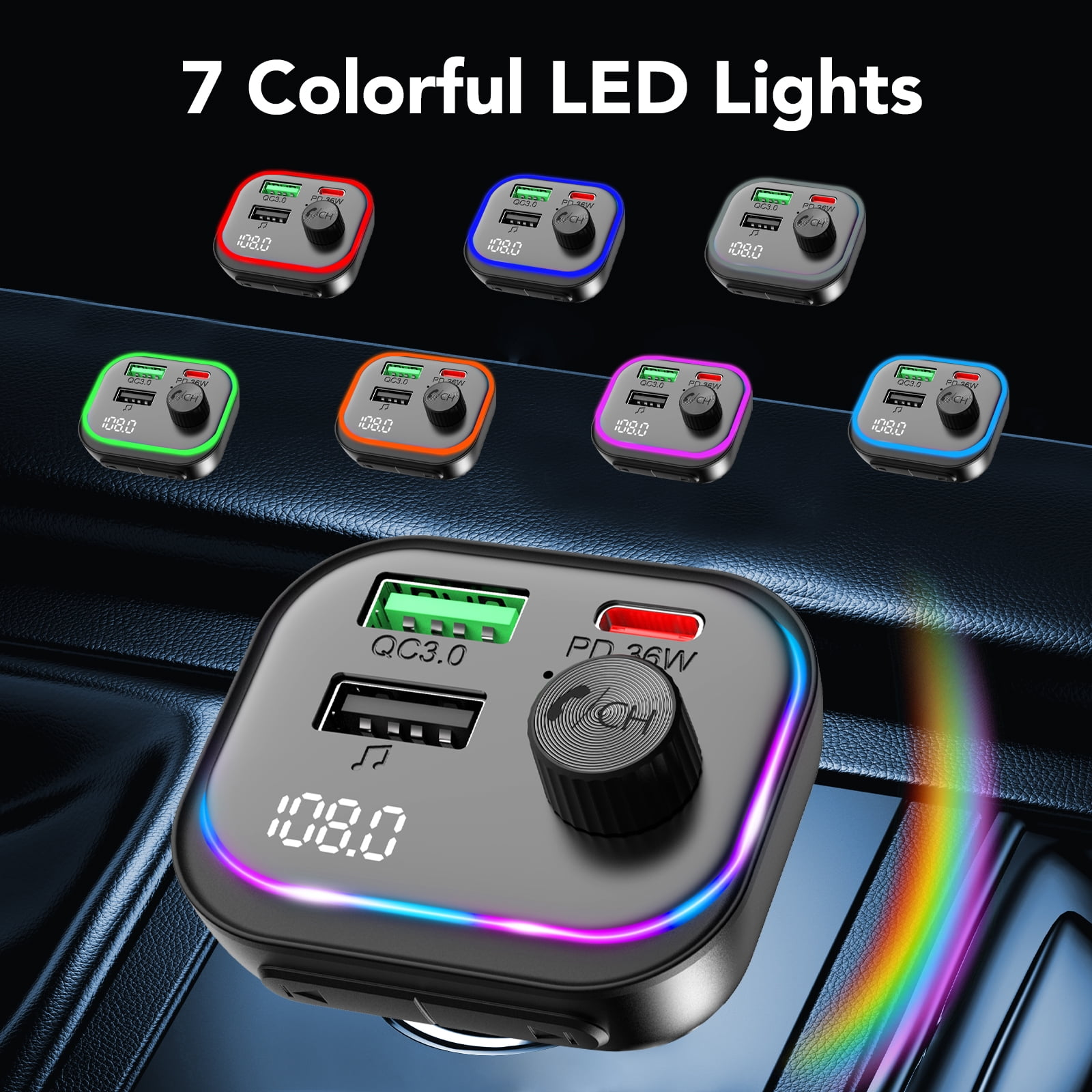 Ein Bluetooth-Autoladegerät mit LED-Beleuchtung und USB-Anschlüssen vor einem dunklen Hintergrund.