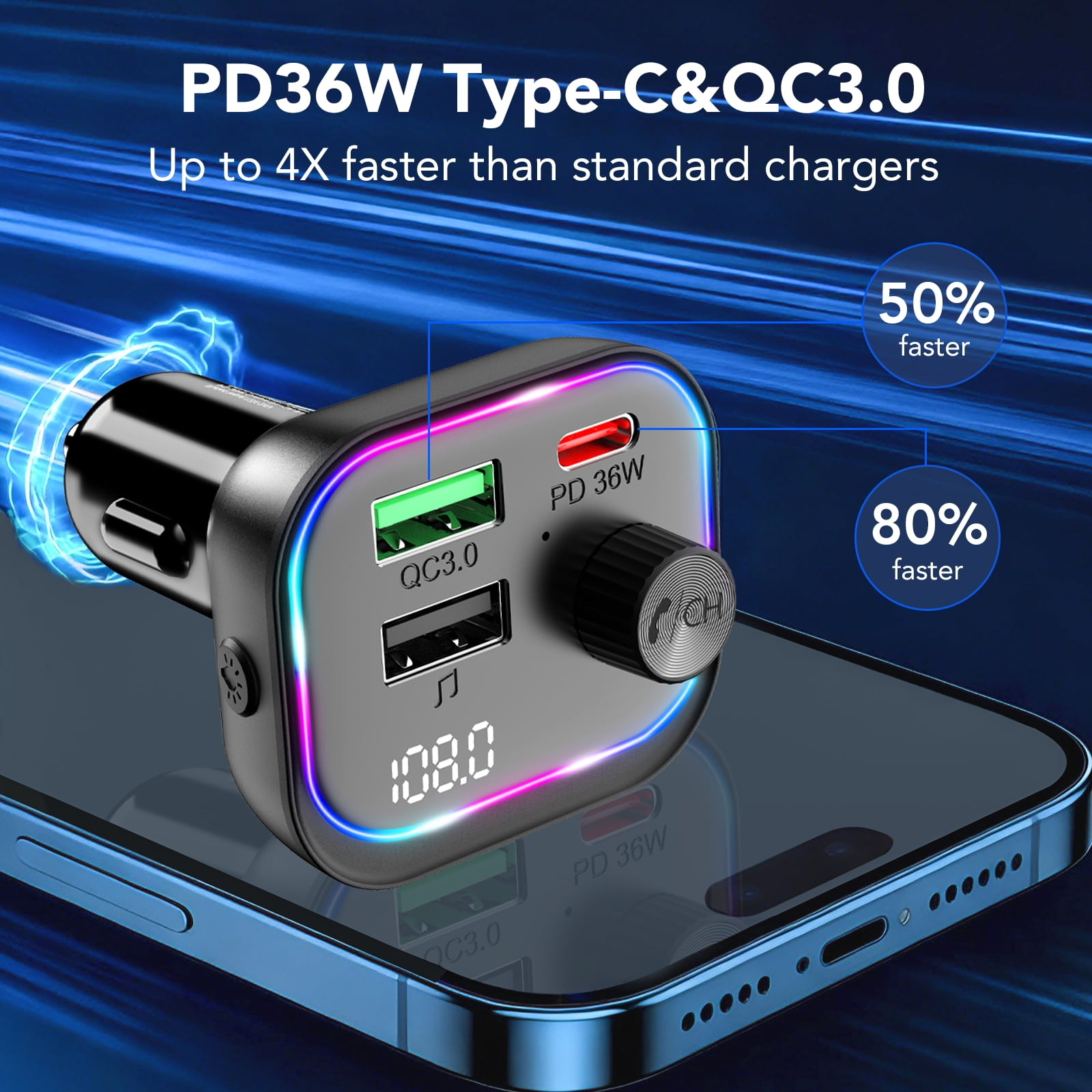 Ein Autoladegerät mit USB-C, QC3.0 und digitalem Display schwebt über einem Smartphone.