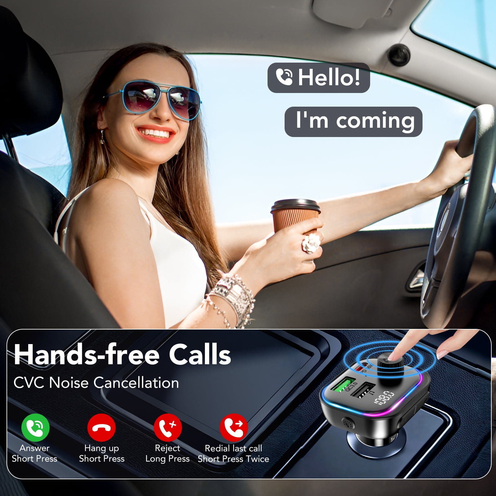 Eine Frau fährt Auto, während ein Bluetooth-FM-Transmitter unten im Bild zu sehen ist.