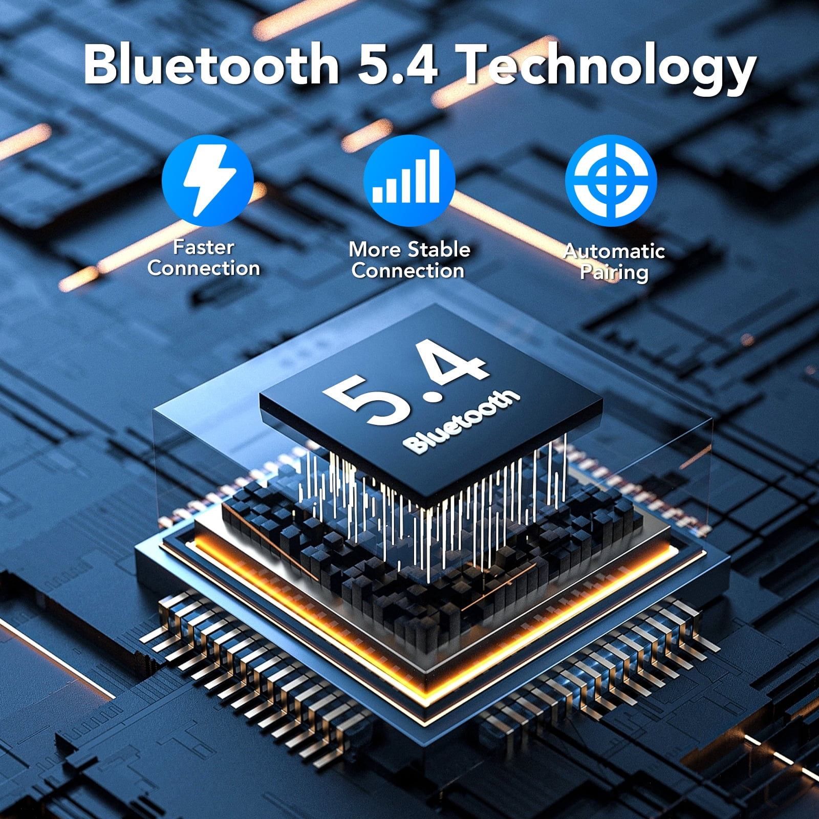Grafik eines Bluetooth 5.4 Mikrochips auf einer Platine mit Hinweisen auf stabile Verbindung.