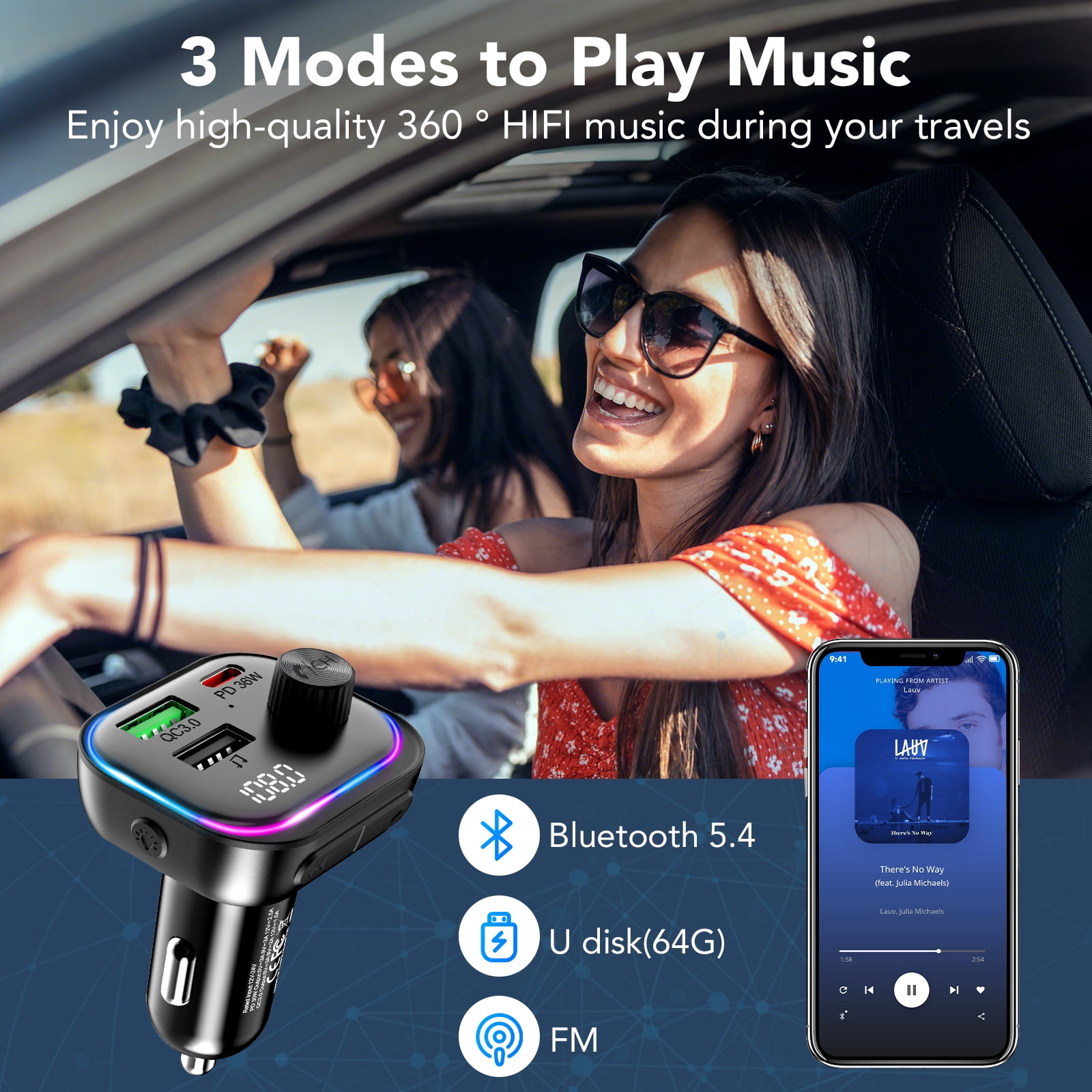 Bluetooth-Autoadapter mit USB-Anschlüssen, FM-Radio und zwei glücklichen Frauen im Auto.
