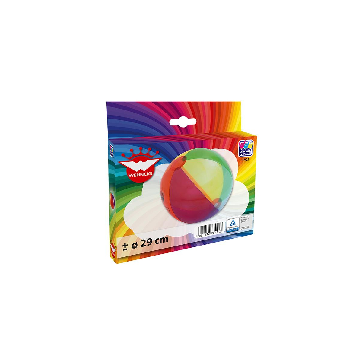 Eine bunte Wehncke Strandball-Schachtel mit 29 cm Durchmesser auf weißem Grund.