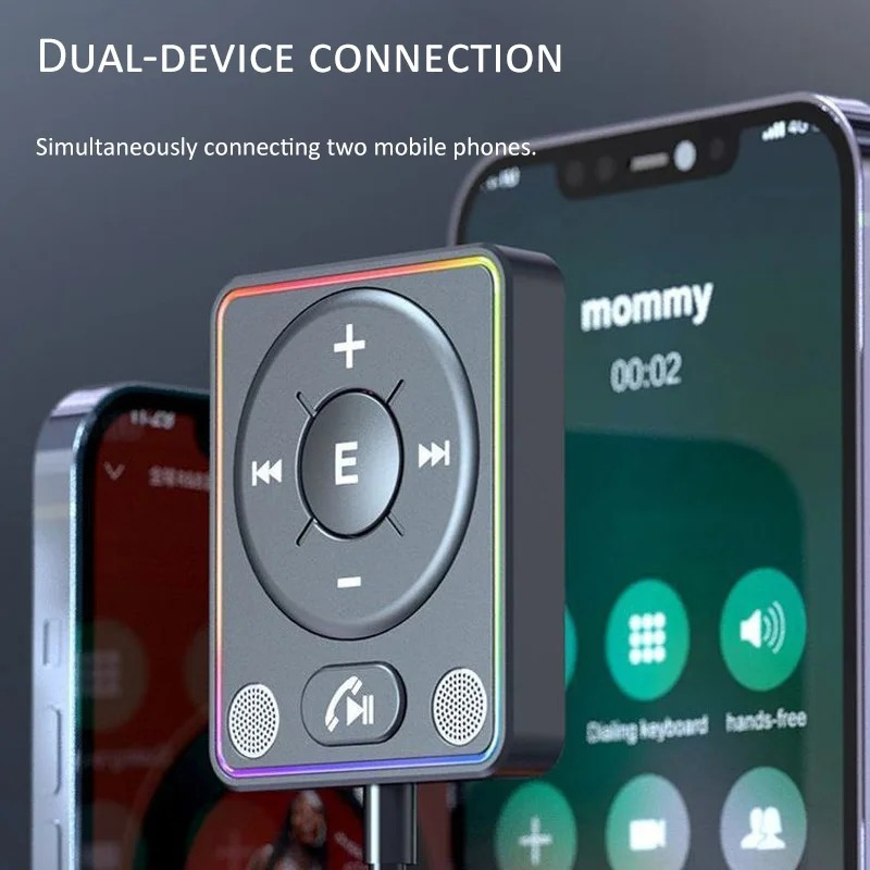 Ein tragbares Gadget mit Bedienelementen steht vor zwei Smartphones. Text lautet: DUAL-DEVICE CONNECTION.