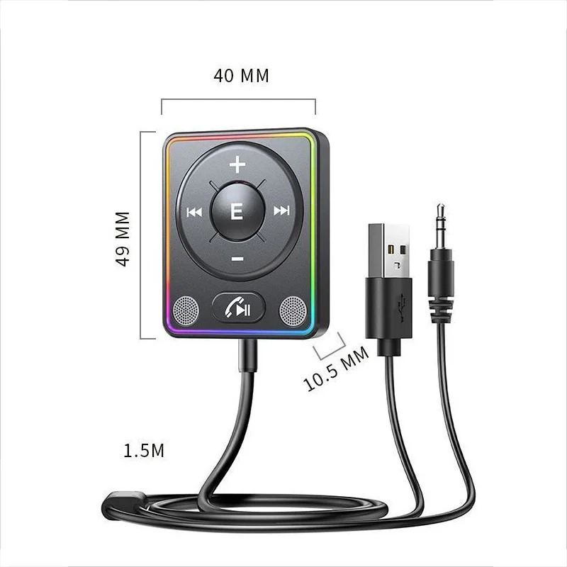 Schwarzer USB-Audio-Bedienknopf mit LED-Rand, Maßangaben und Kabel.