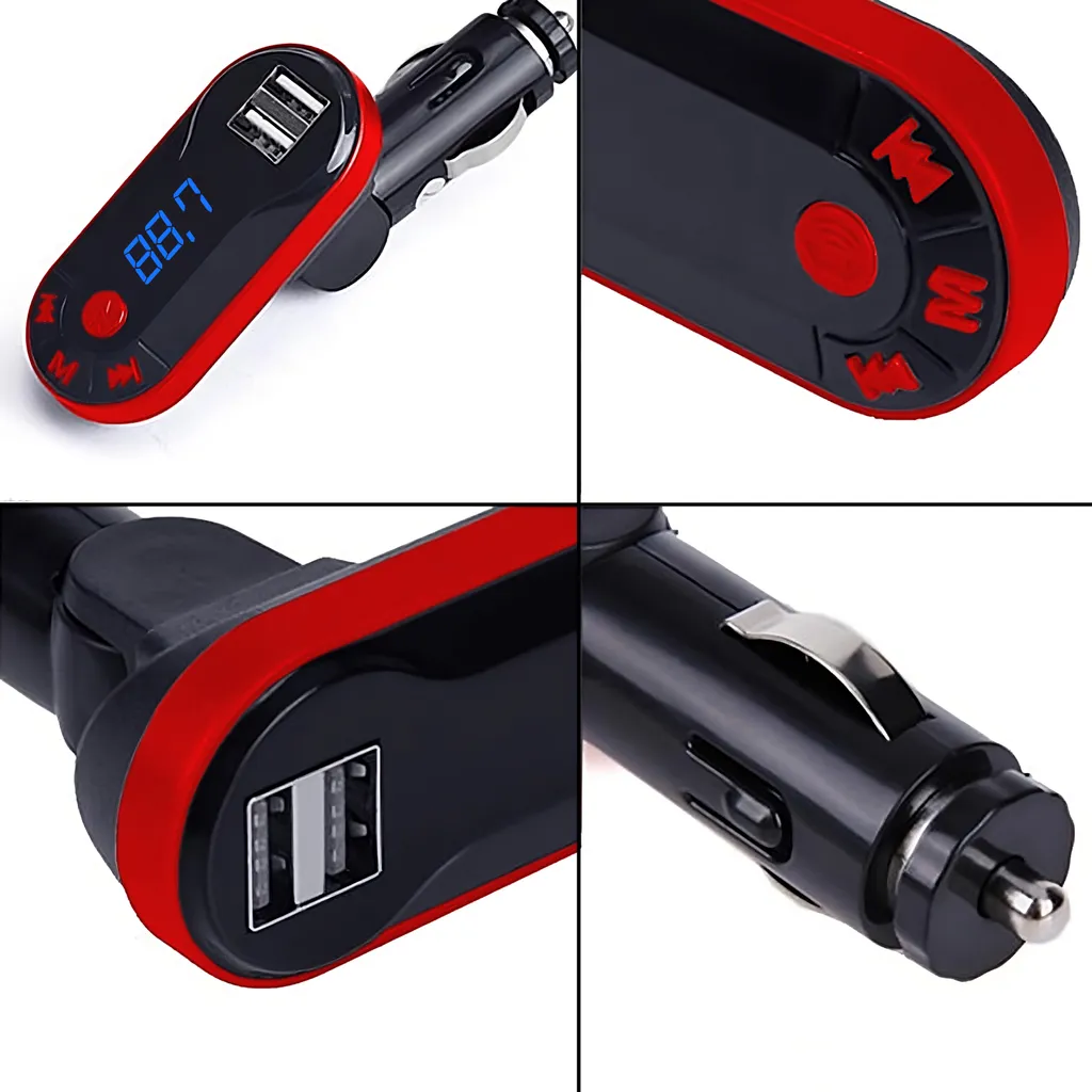 Ein schwarz-roter Kfz-Bluetooth-FM-Transmitter mit zwei USB-Anschlüssen, digitalem Display und Mediensteuerungstasten.