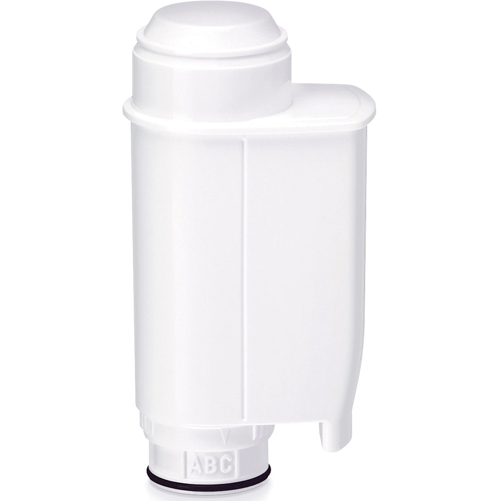 Ein weißer, zylindrischer Wasserfilter mit abgerundeter Oberseite und Dichtungsring unten vor weißem Hintergrund.