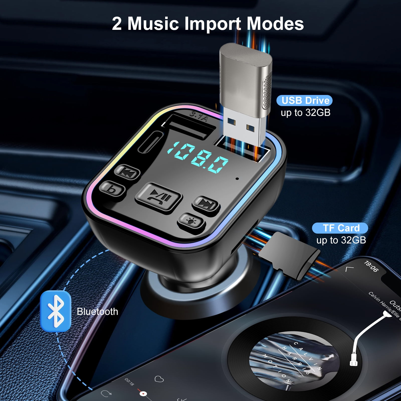 Bluetooth Auto-FM-Transmitter mit USB-Laufwerk, TF-Karte und LED-Display im Auto.