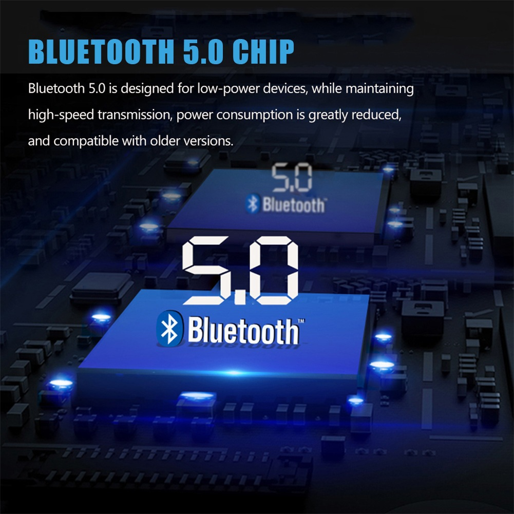 Blaues Mikrochip-Bild mit Bluetooth 5.0-Logo und Text auf schwarzem Hintergrund.