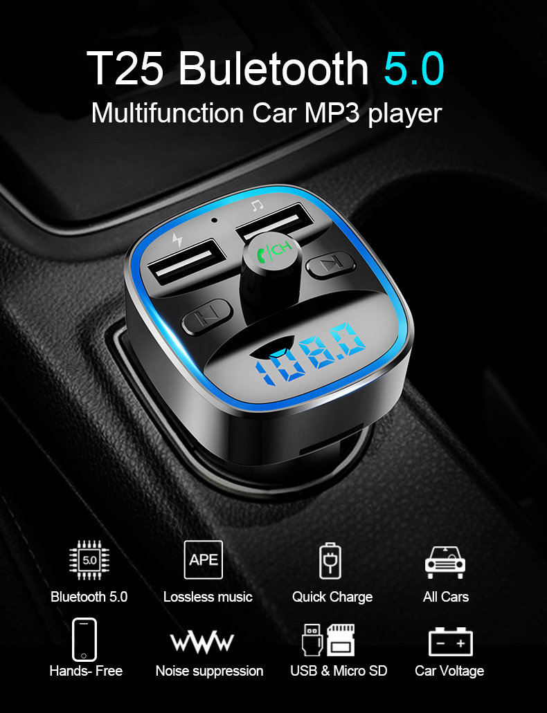 T25 Bluetooth 5.0 Auto-MP3-Player mit zwei USB-Anschlüssen, Display und blauer Beleuchtung.