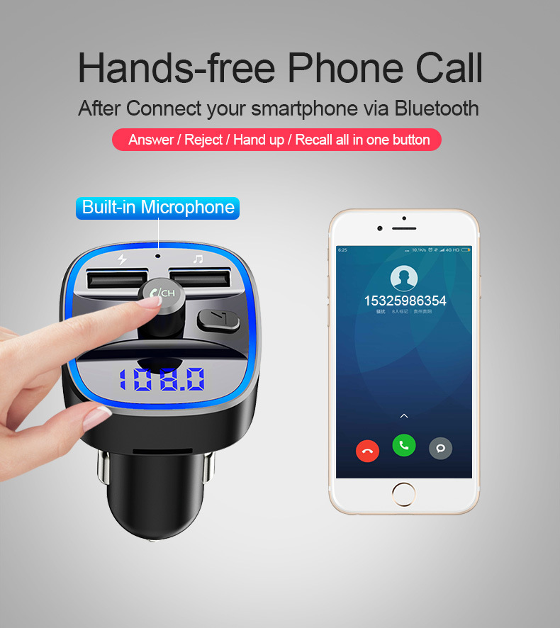 Bluetooth-Autoladegerät mit Freisprecheinrichtung, Mikrofon und verbundenem Smartphone mit Anrufbildschirm.