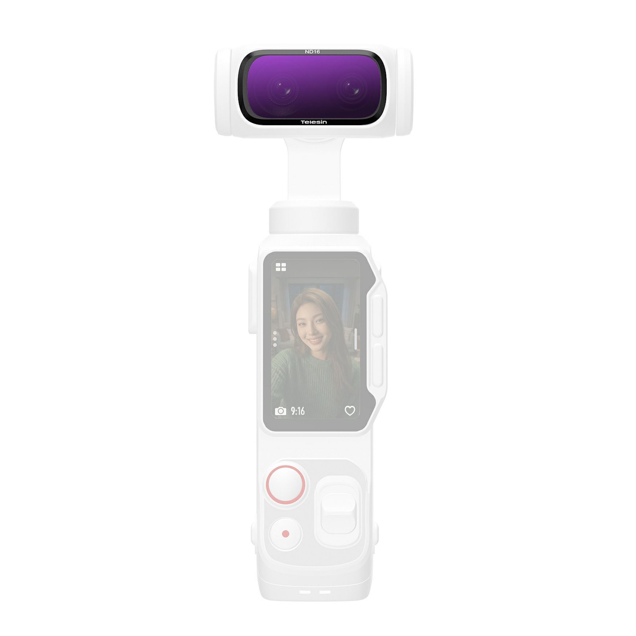 Weißer Action-Kamera-Gimbal mit Display und lila Filterlinse vor weißem Hintergrund.