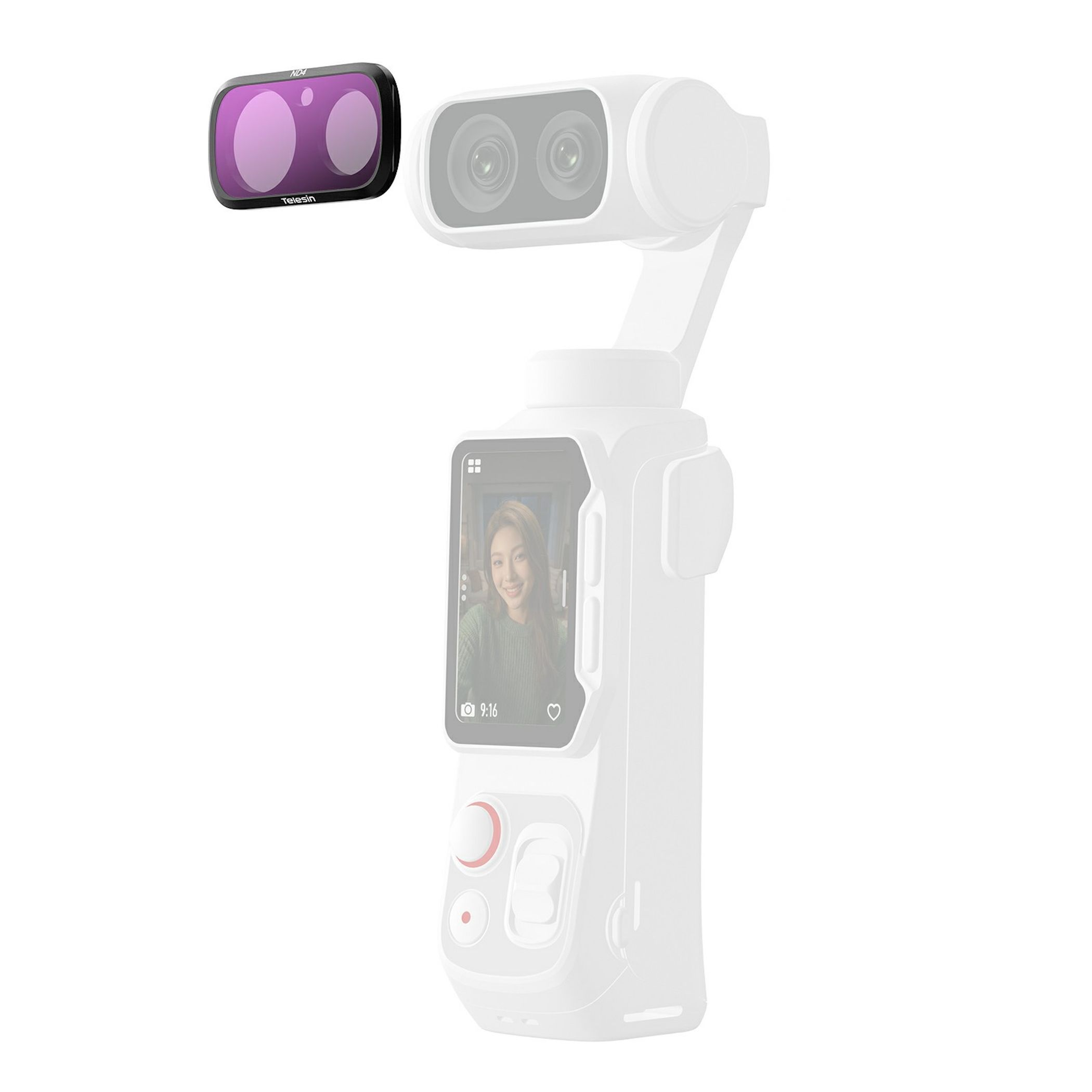 Ein ND4-Filter mit violetten Linsen und ein weißer Gimbal-Kamera-Stabilisator auf weißem Hintergrund.
