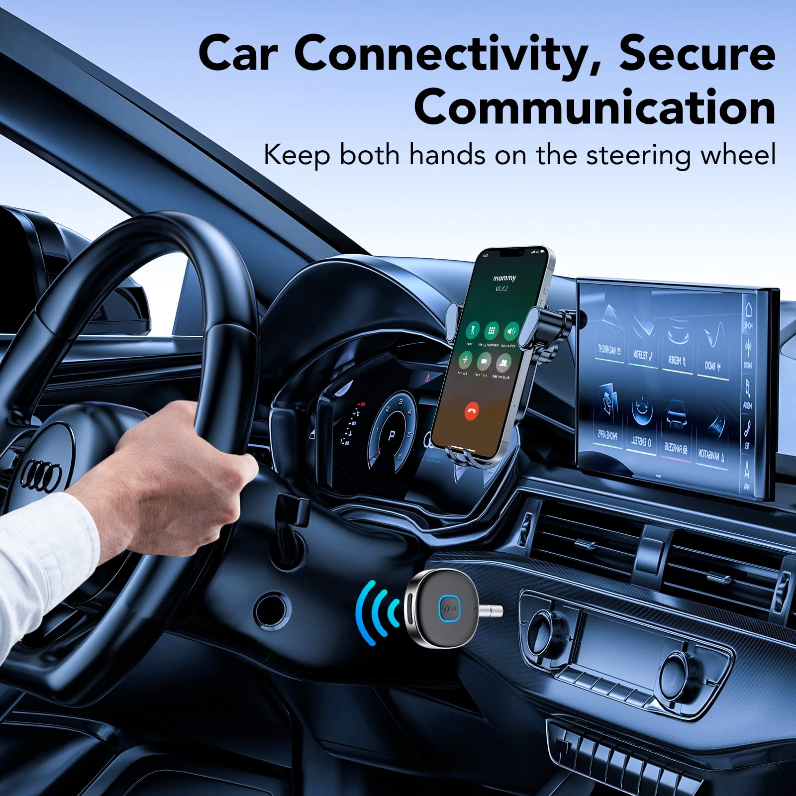 Auto-Innenraum mit Smartphone-Halterung am Armaturenbrett und einem kleinen Bluetooth-Adapter.