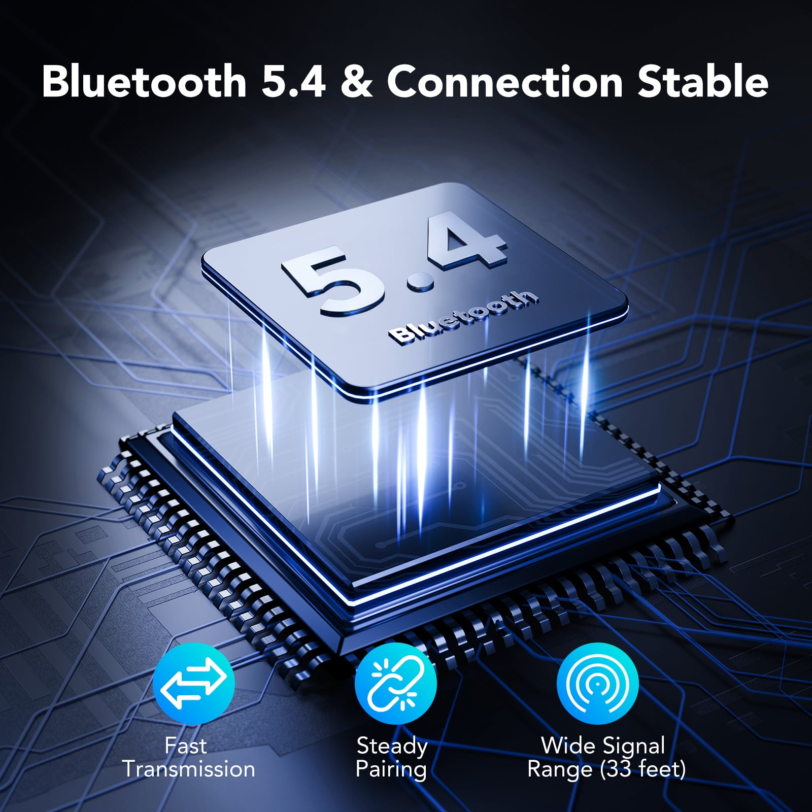 Technologie-Grafik zeigt Bluetooth 5.4 Chip mit blauen Lichtern.