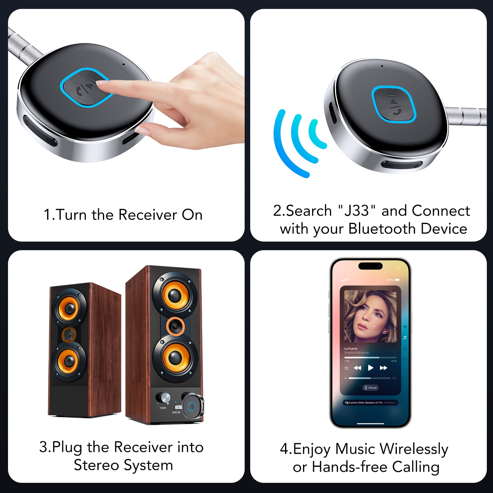 Vier Schritte zur Einrichtung eines Bluetooth-Empfängers mit Lautsprechern und Smartphone.