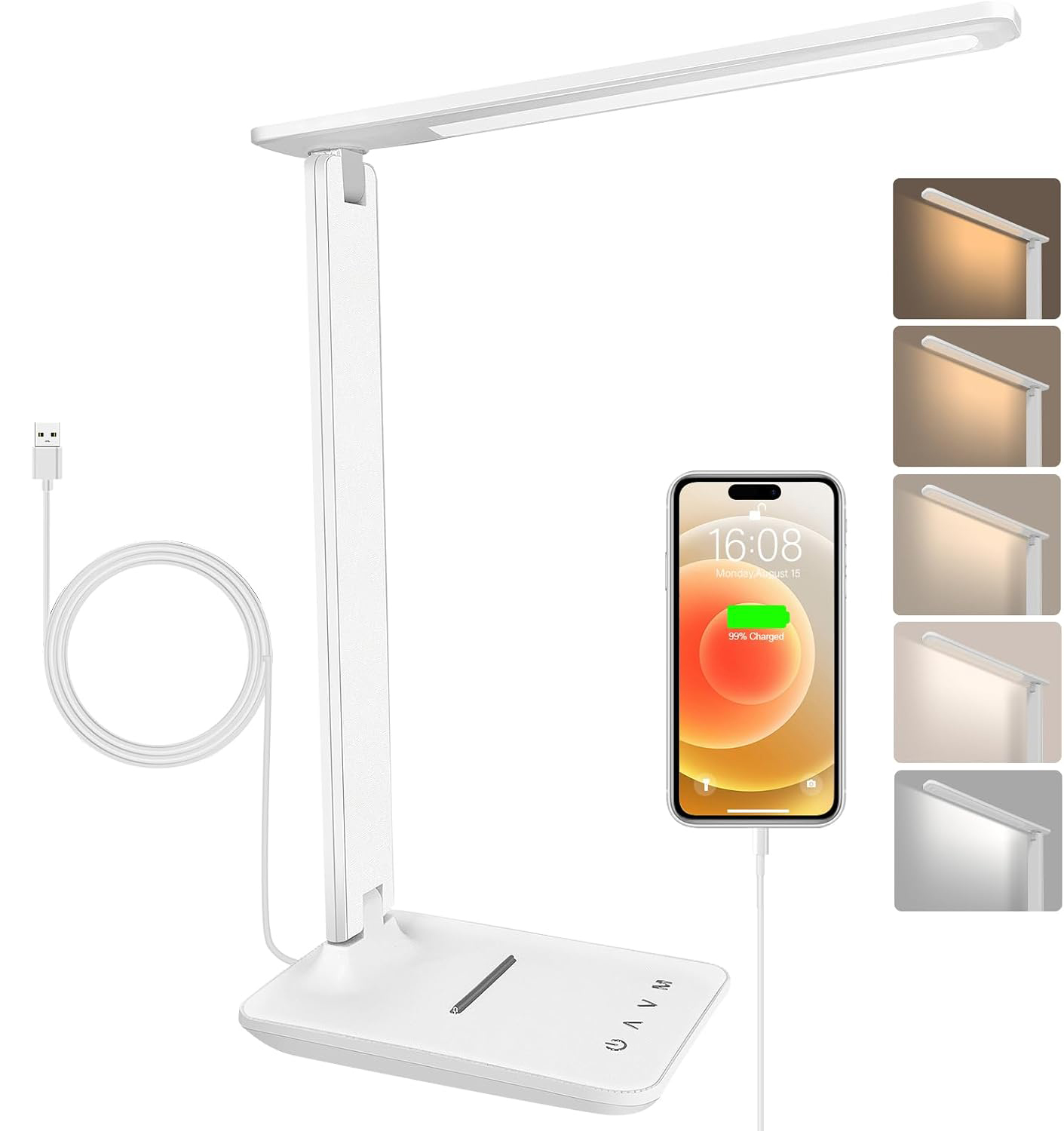 Eine weiße LED-Schreibtischlampe mit USB-Kabel und ein Smartphone, das auf der Basis aufgeladen wird.