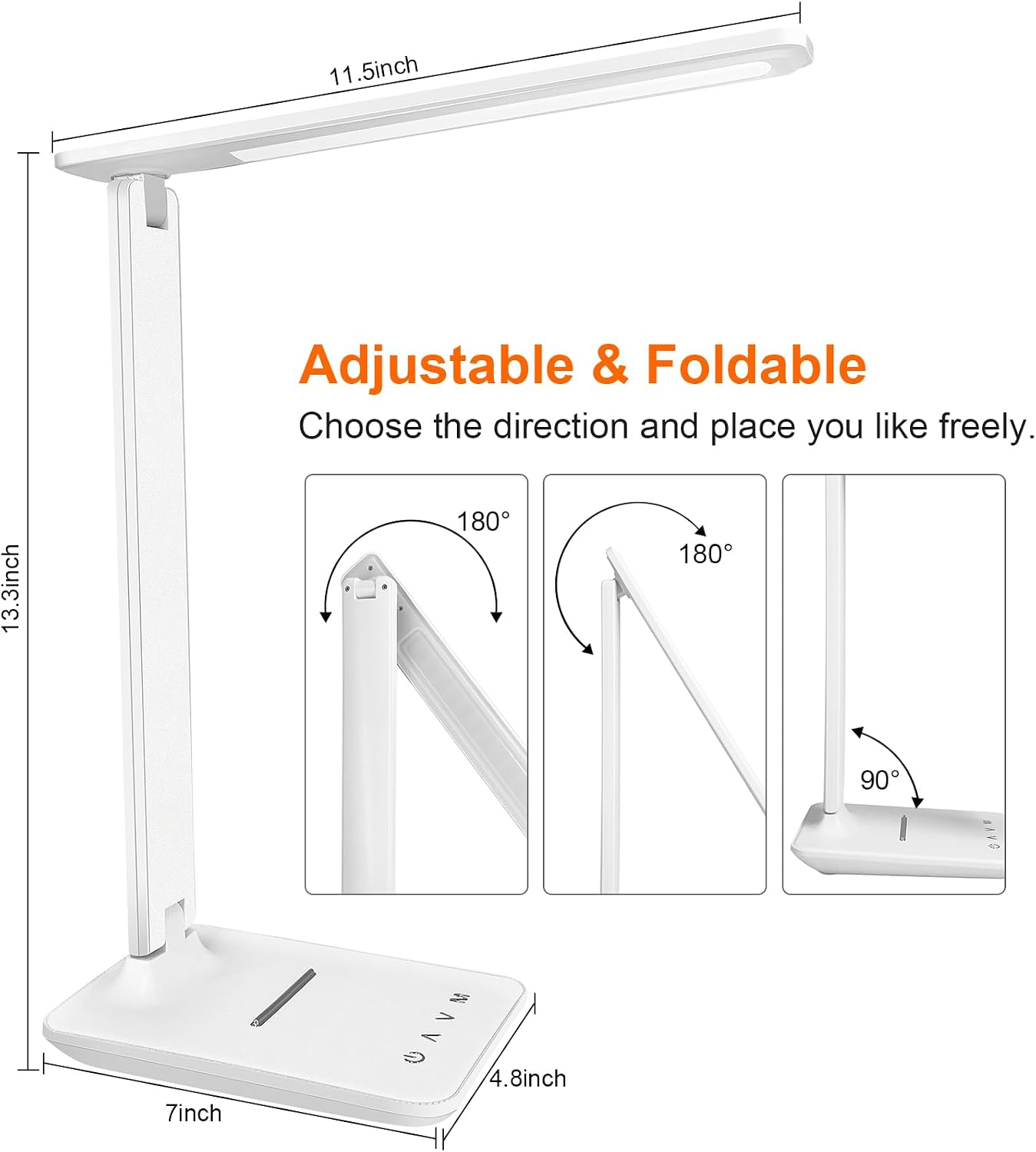 Weiße, verstellbare LED-Schreibtischlampe mit Maßangaben und Funktionsdiagrammen.