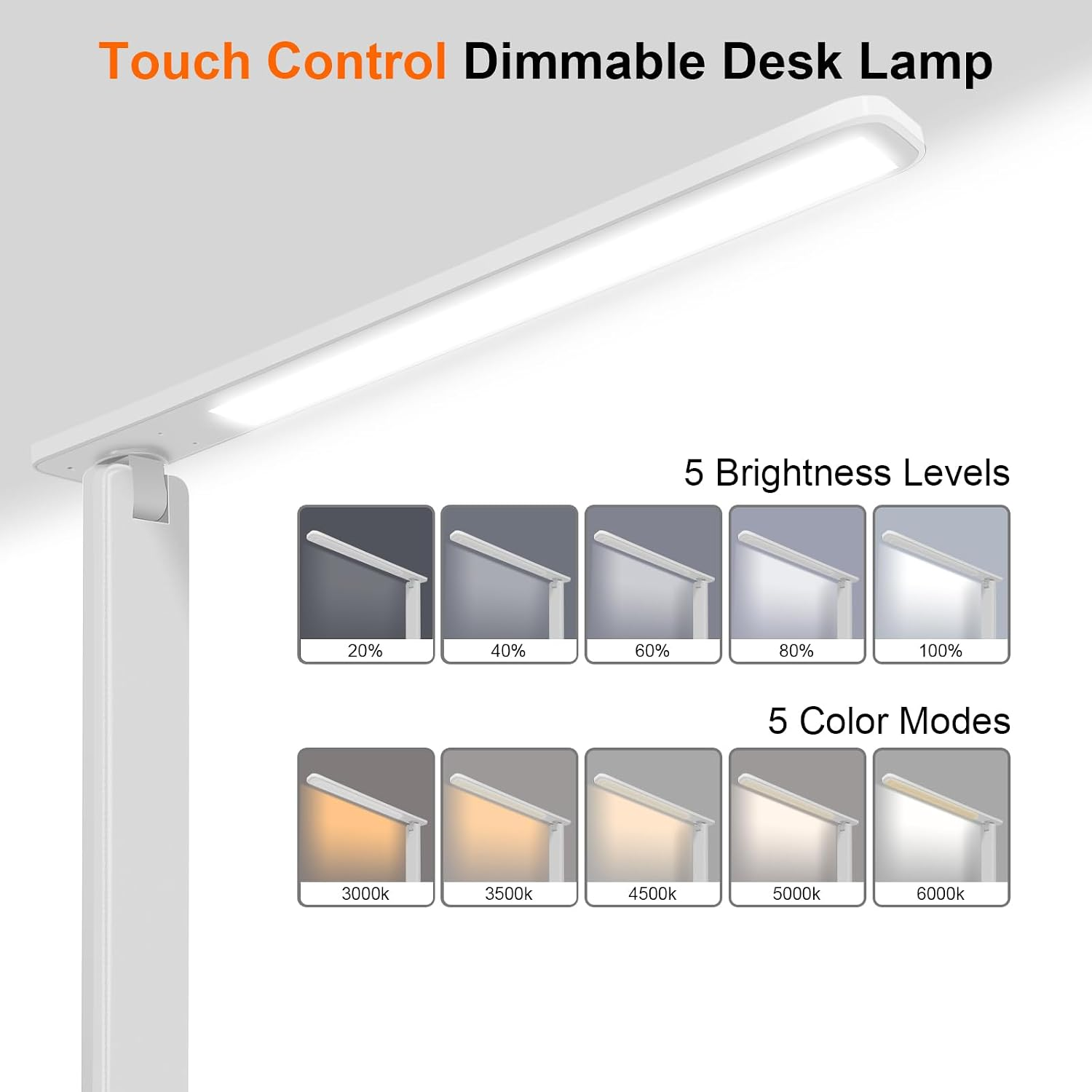 Weiße Touch-Schreibtischlampe mit 5 Helligkeitsstufen und 5 Farbmodi.