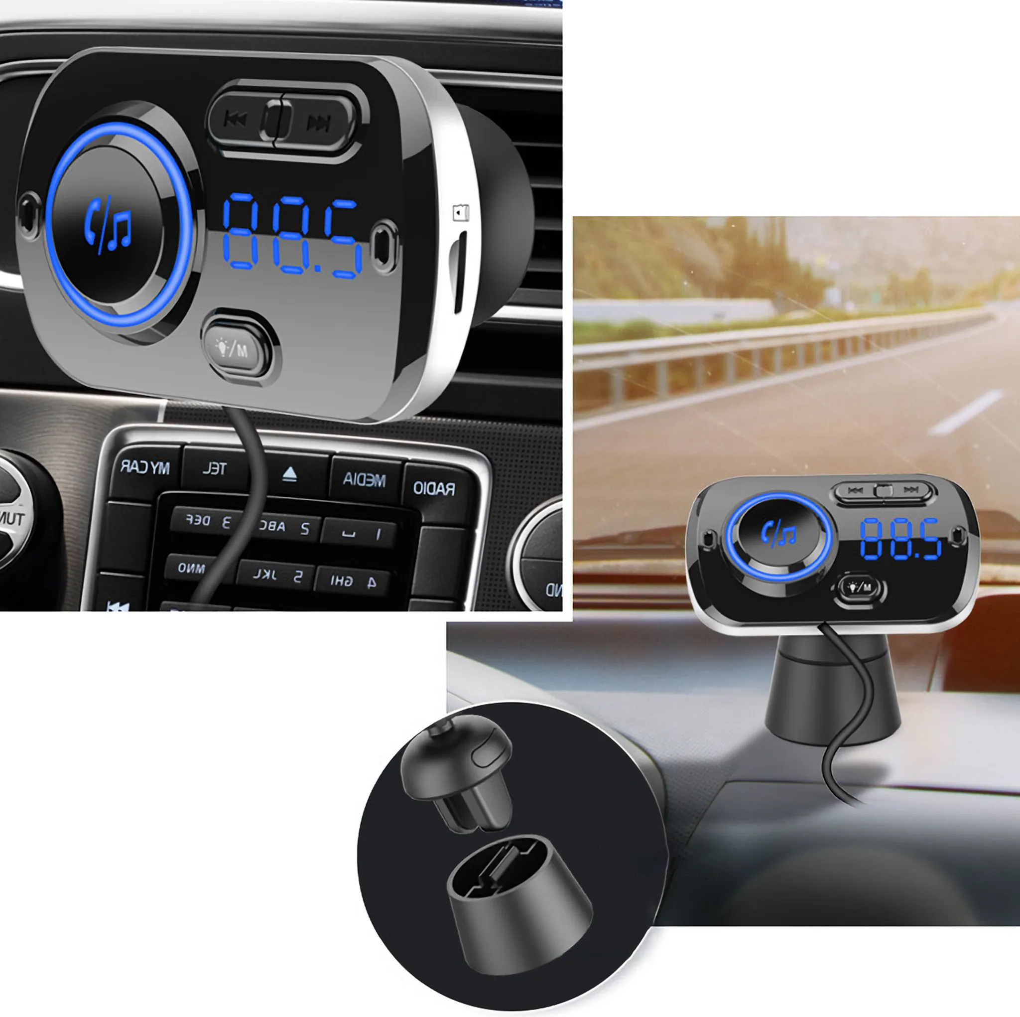 Ein schwarzer Bluetooth-FM-Transmitter für Autos mit blauem Digitaldisplay auf dem Armaturenbrett.