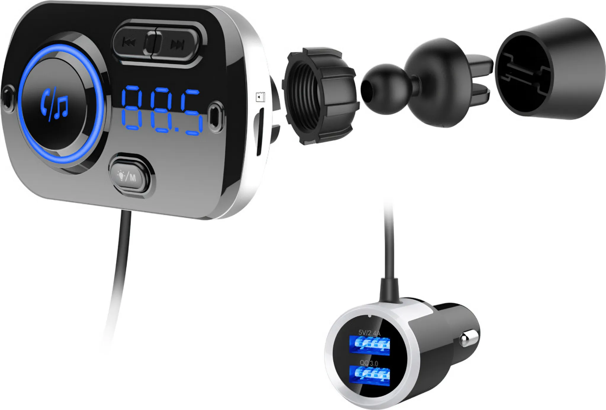 Schwarzer Auto-Bluetooth-FM-Transmitter mit Display, Tasten, Lüftungshalterung und USB-KFZ-Ladeadapter.