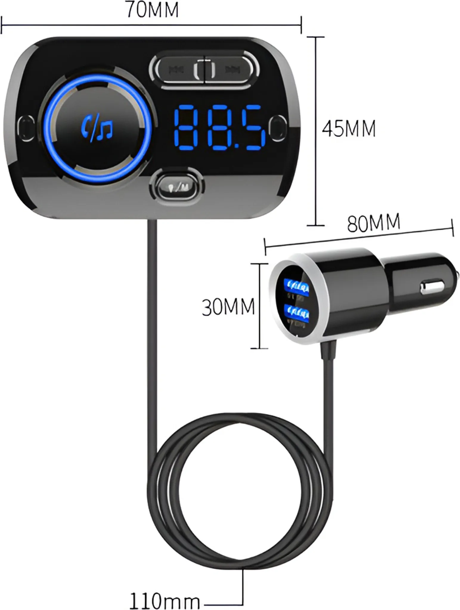 Schwarzer Bluetooth-Autoadapter mit Display, zwei USB-Ports und Maßangaben.