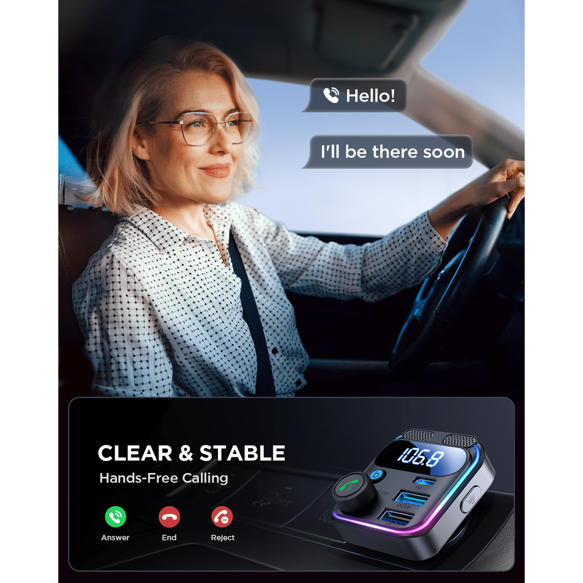Eine lächelnde Frau fährt Auto, während unten ein Freisprech-Bluetooth-Adapter gezeigt wird.