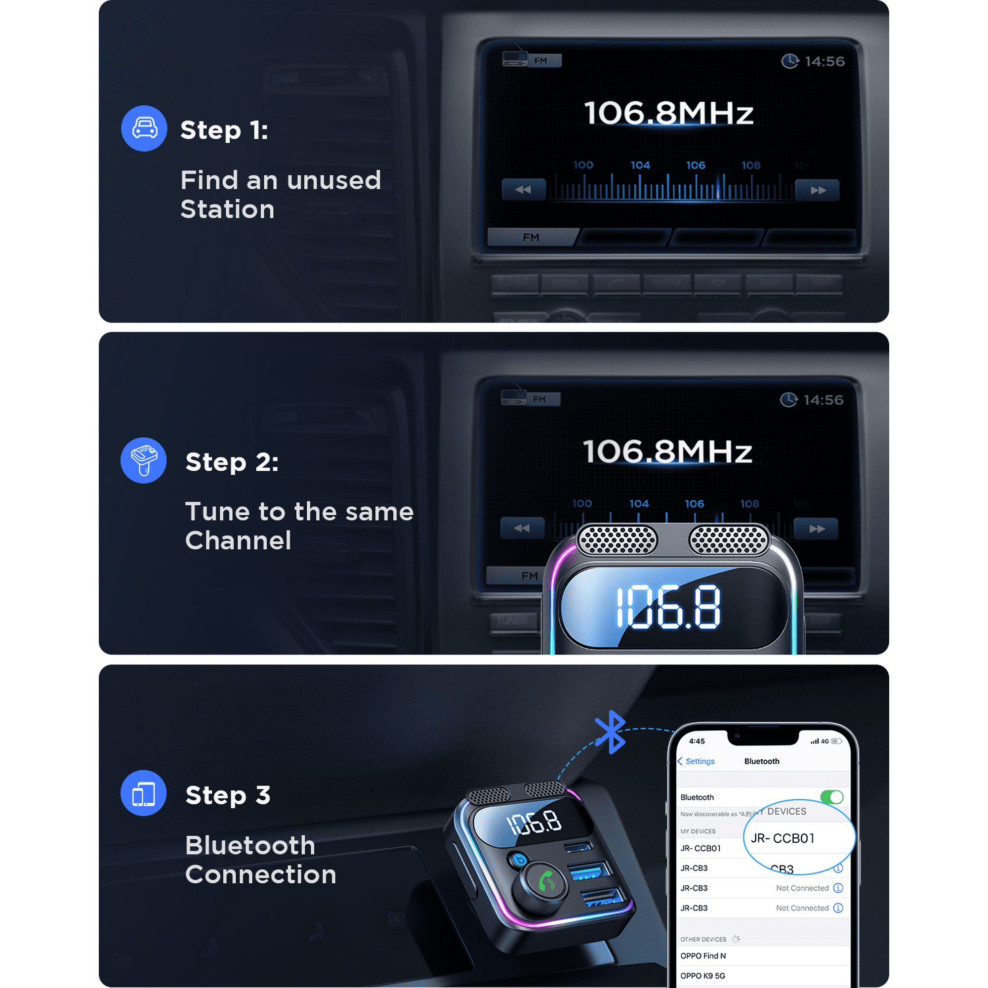 Anleitung in drei Schritten zur Einrichtung eines FM-Autosenders mit Radio und Bluetooth.