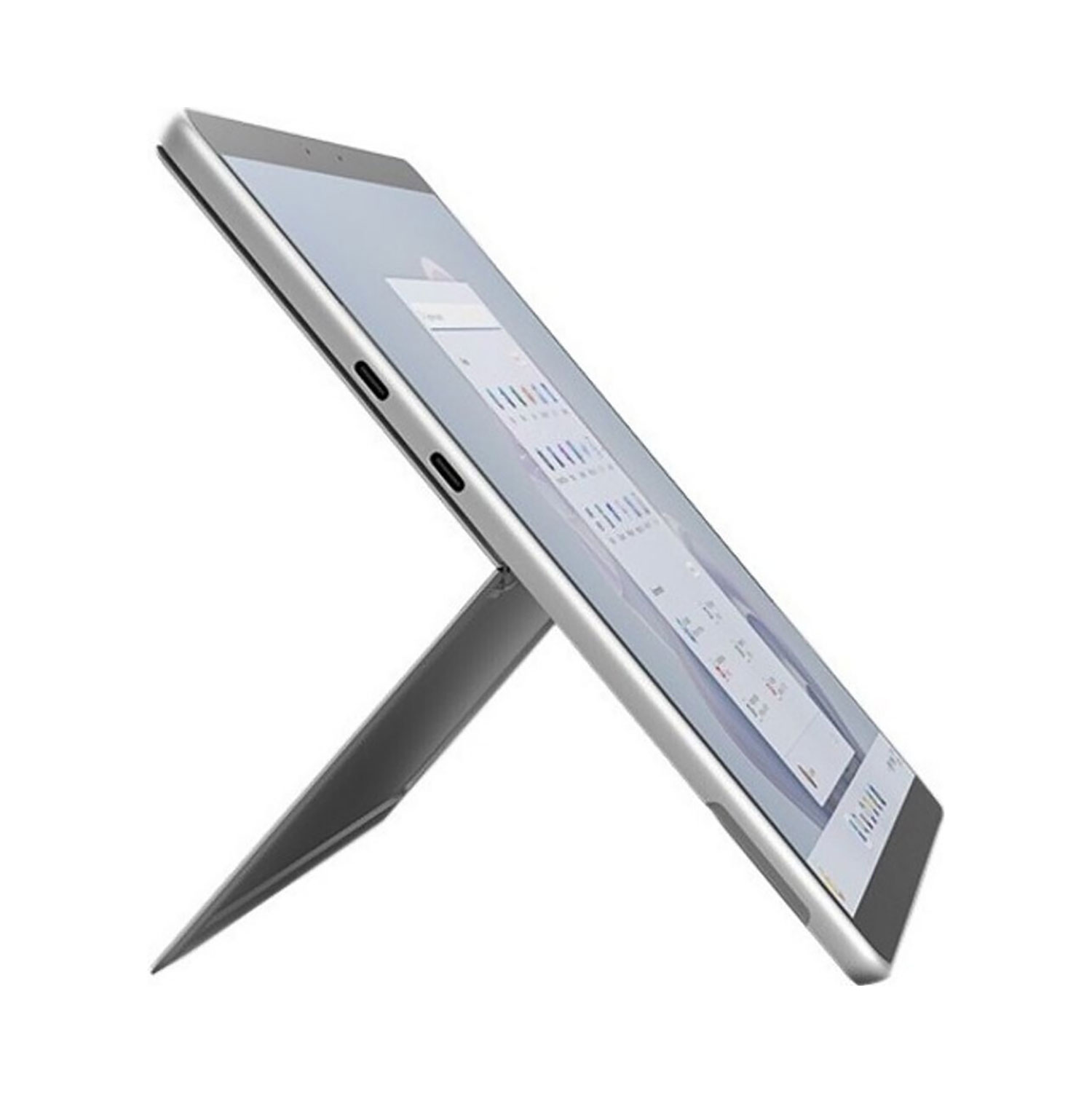 Ein silbernes Tablet mit integriertem Ständer und sichtbaren Anschlüssen, seitlich auf weißem Hintergrund dargestellt.