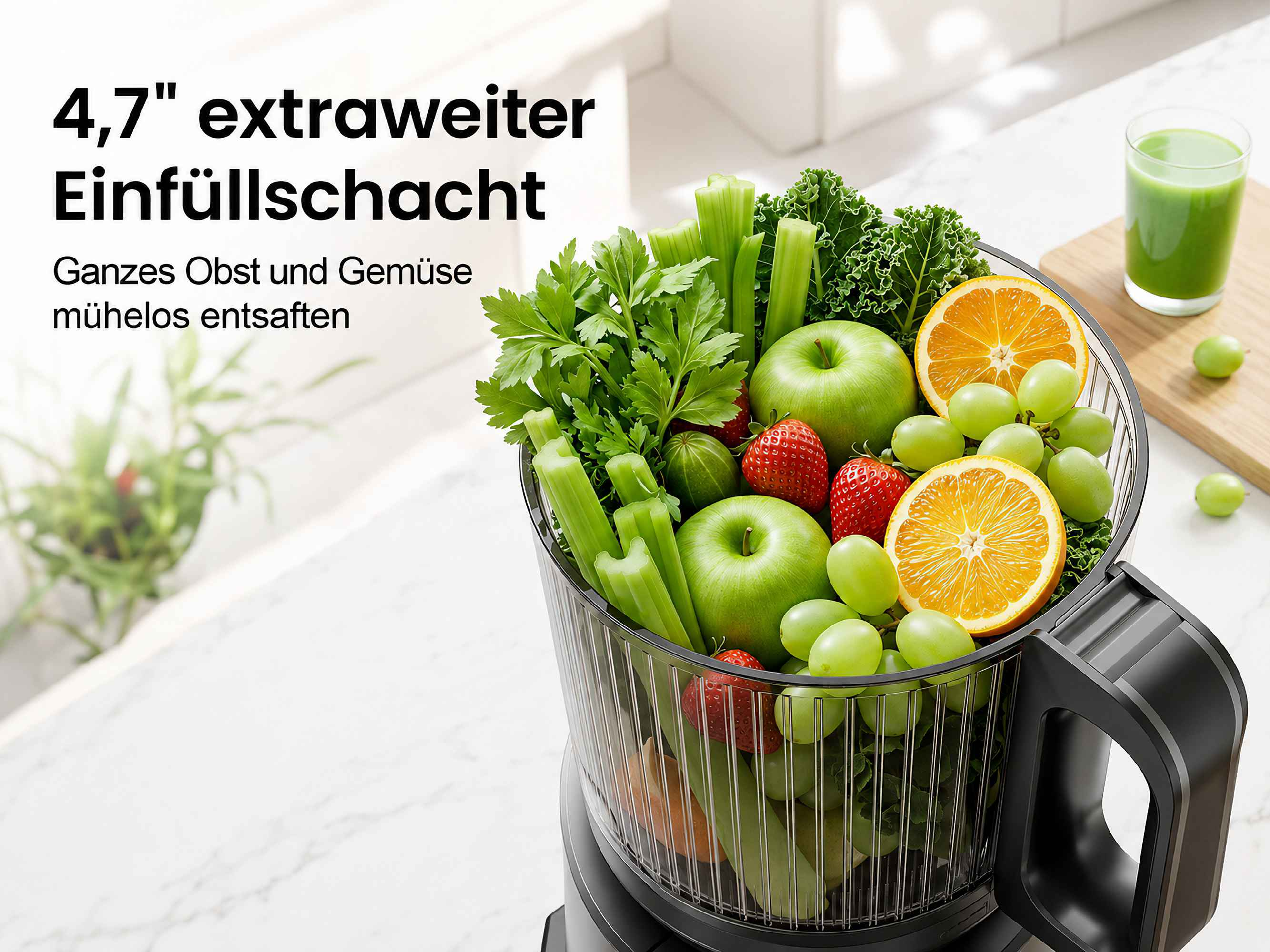 Entsafter gefüllt mit ganzen Äpfeln, Orangen, Erdbeeren, Weintrauben und Sellerie. Text auf Deutsch.