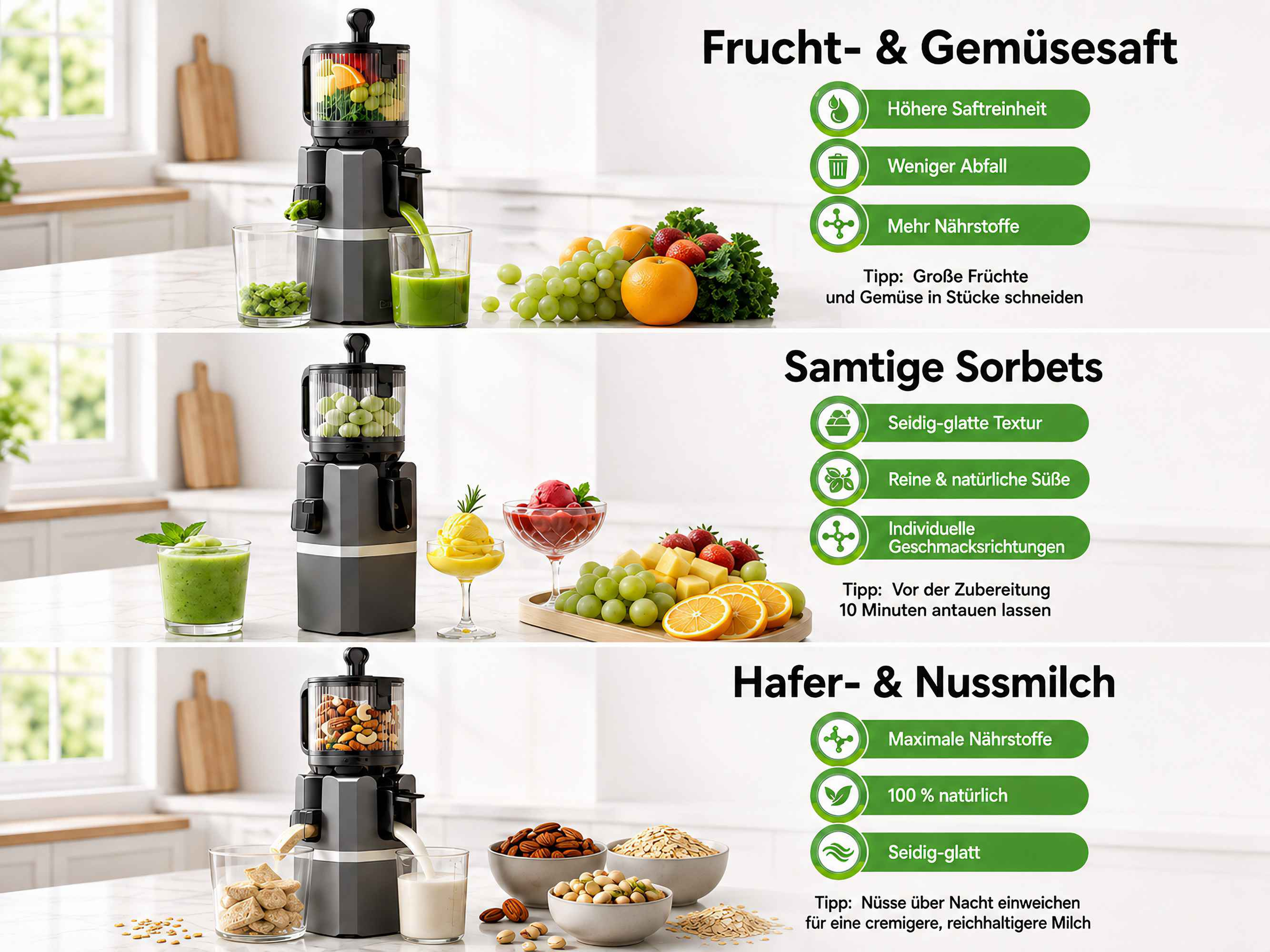 Drei Ansichten einer grauen Küchenmaschine beim Zubereiten von Fruchtsaft, Sorbet und Nussmilch in einer Küche.