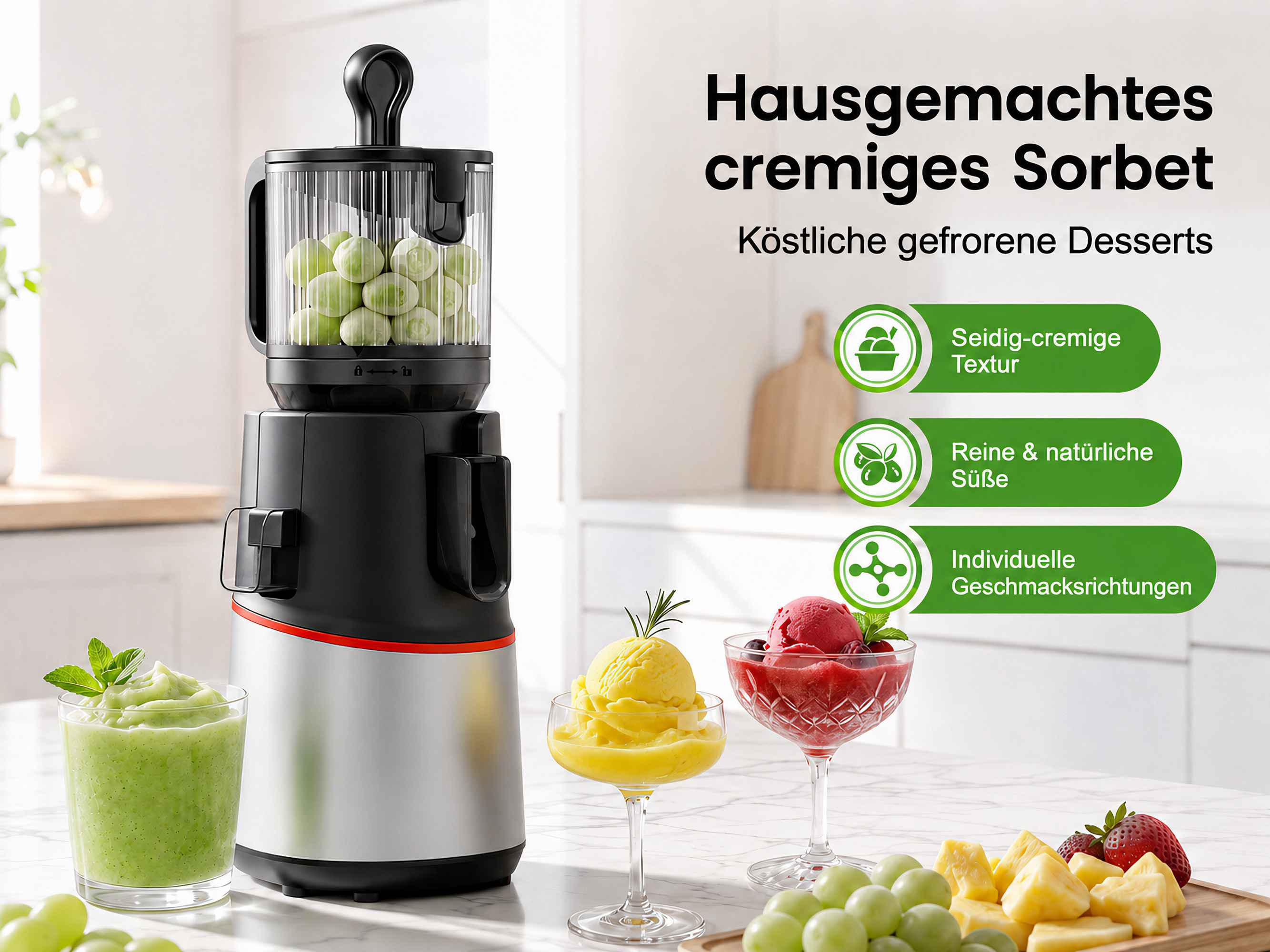 Moderne Sorbet-Maschine mit gefrorenen Früchten und fertigen Desserts auf einer Küchenarbeitsplatte.