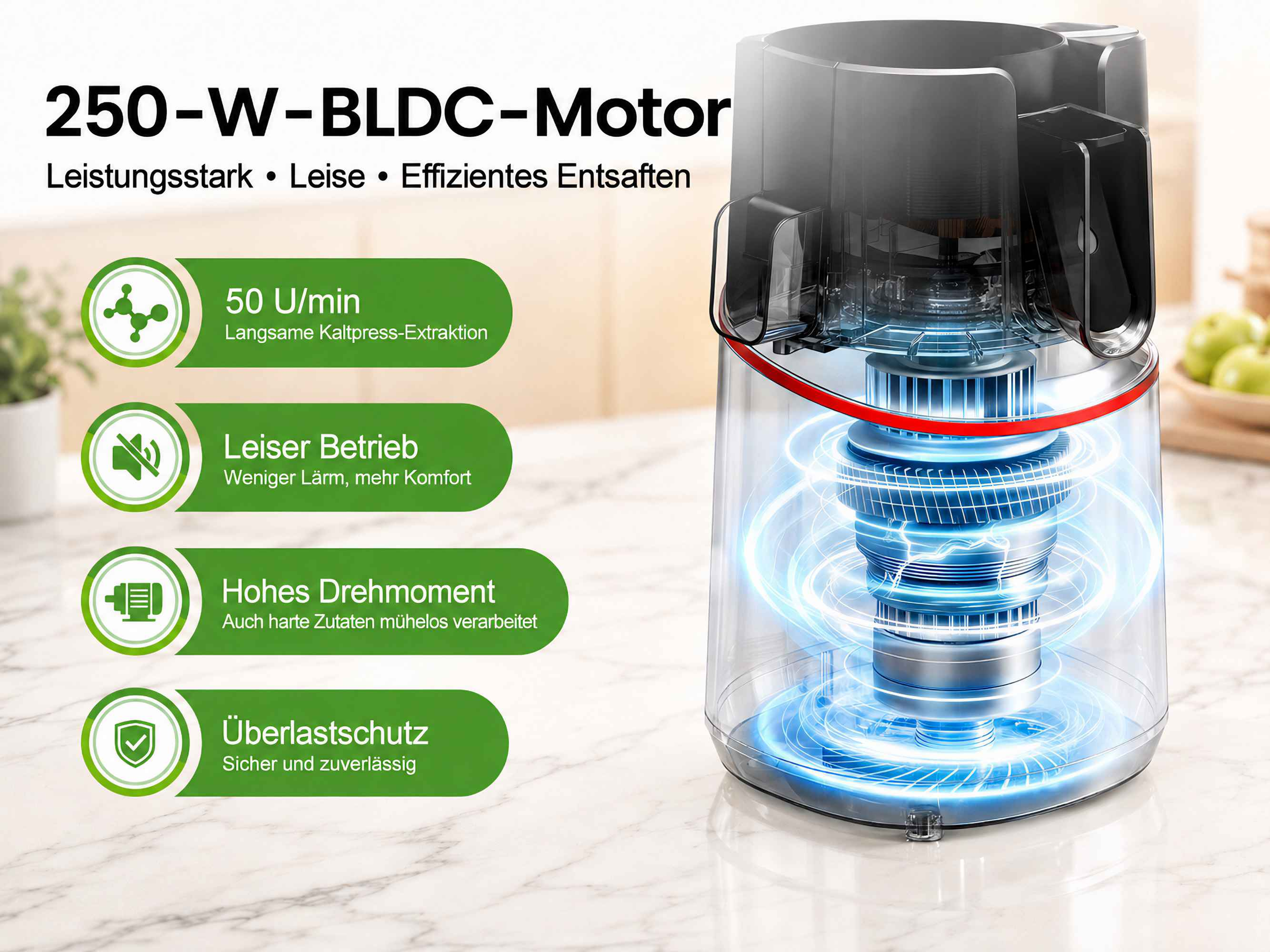 Slow Juicer Motor mit 250 Watt, leiser Betrieb und hoher Drehmoment auf Marmorplatte.