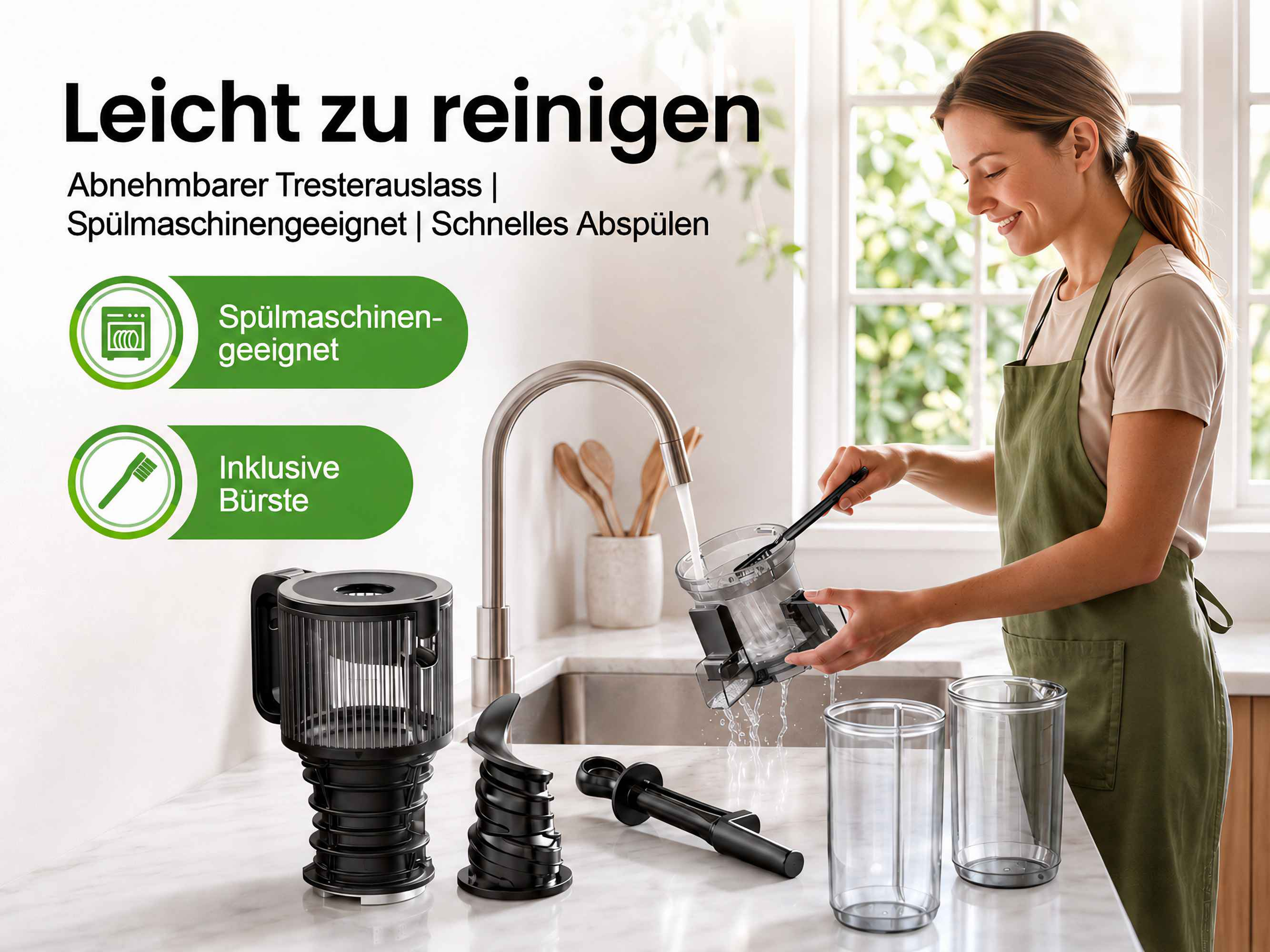 Frau wäscht Entsafterteile in einer hellen Küche am Wasserhahn.